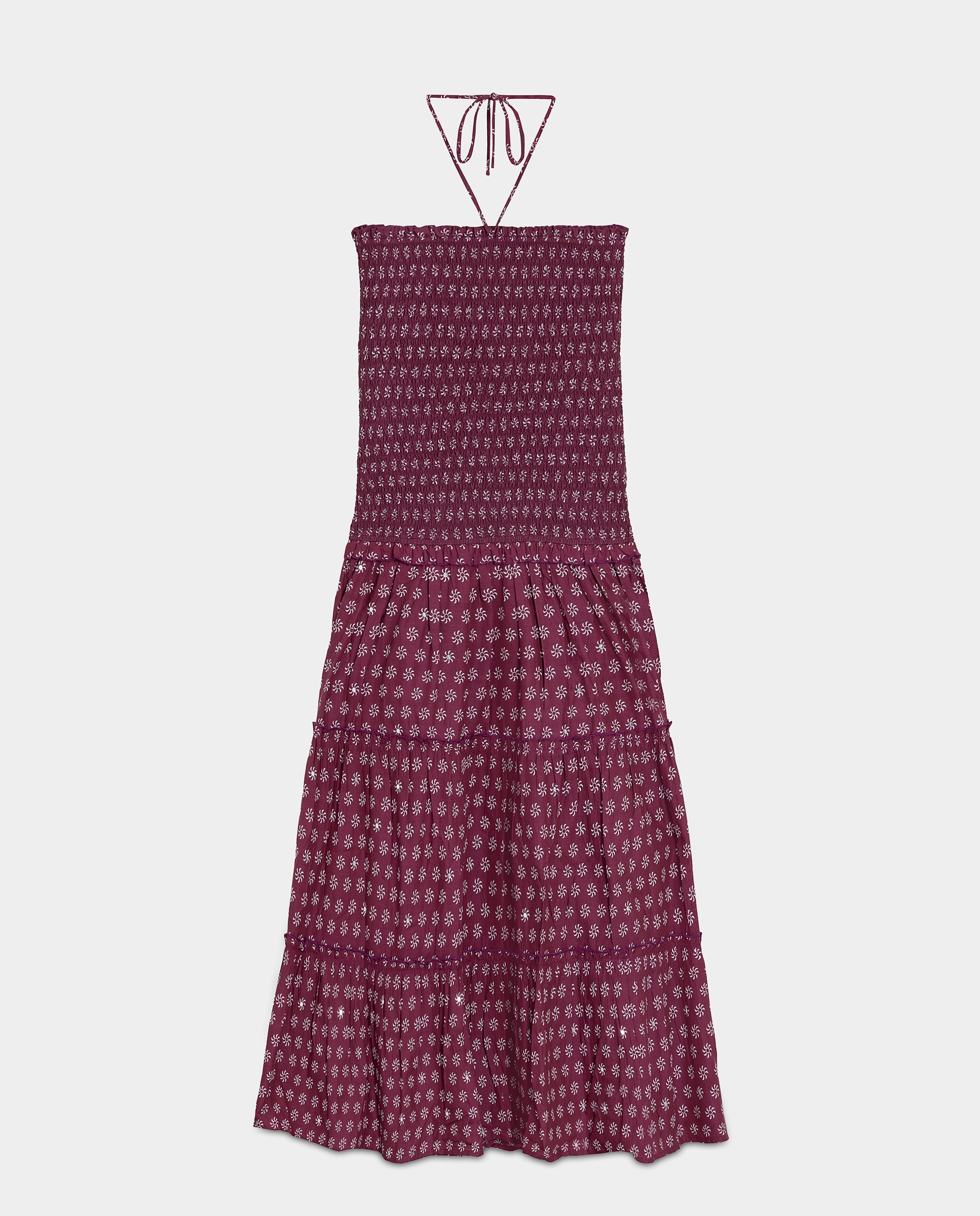 Vestido Midi Estampado Franzido Bordeaux-5