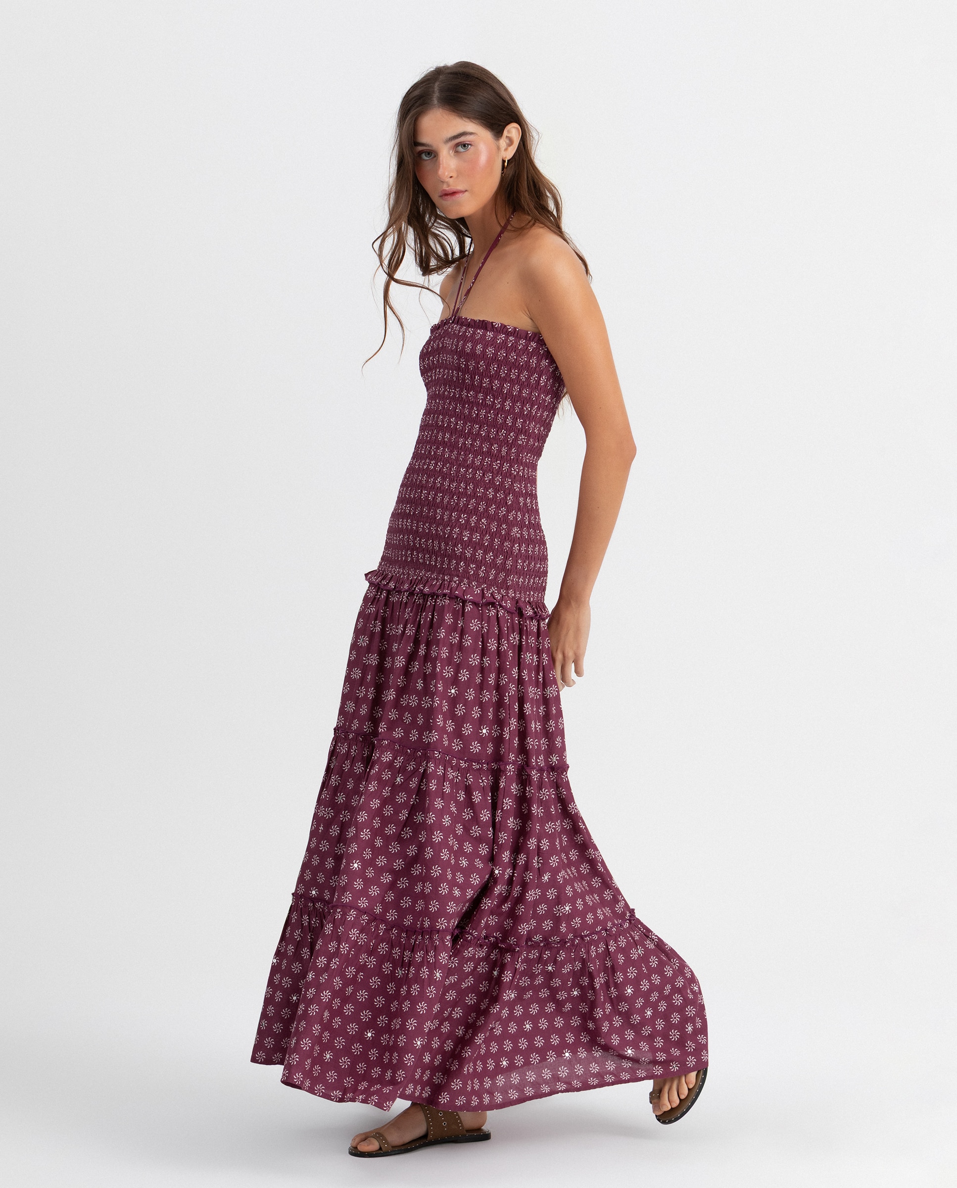 Vestido Midi Estampado Franzido Bordeaux-3