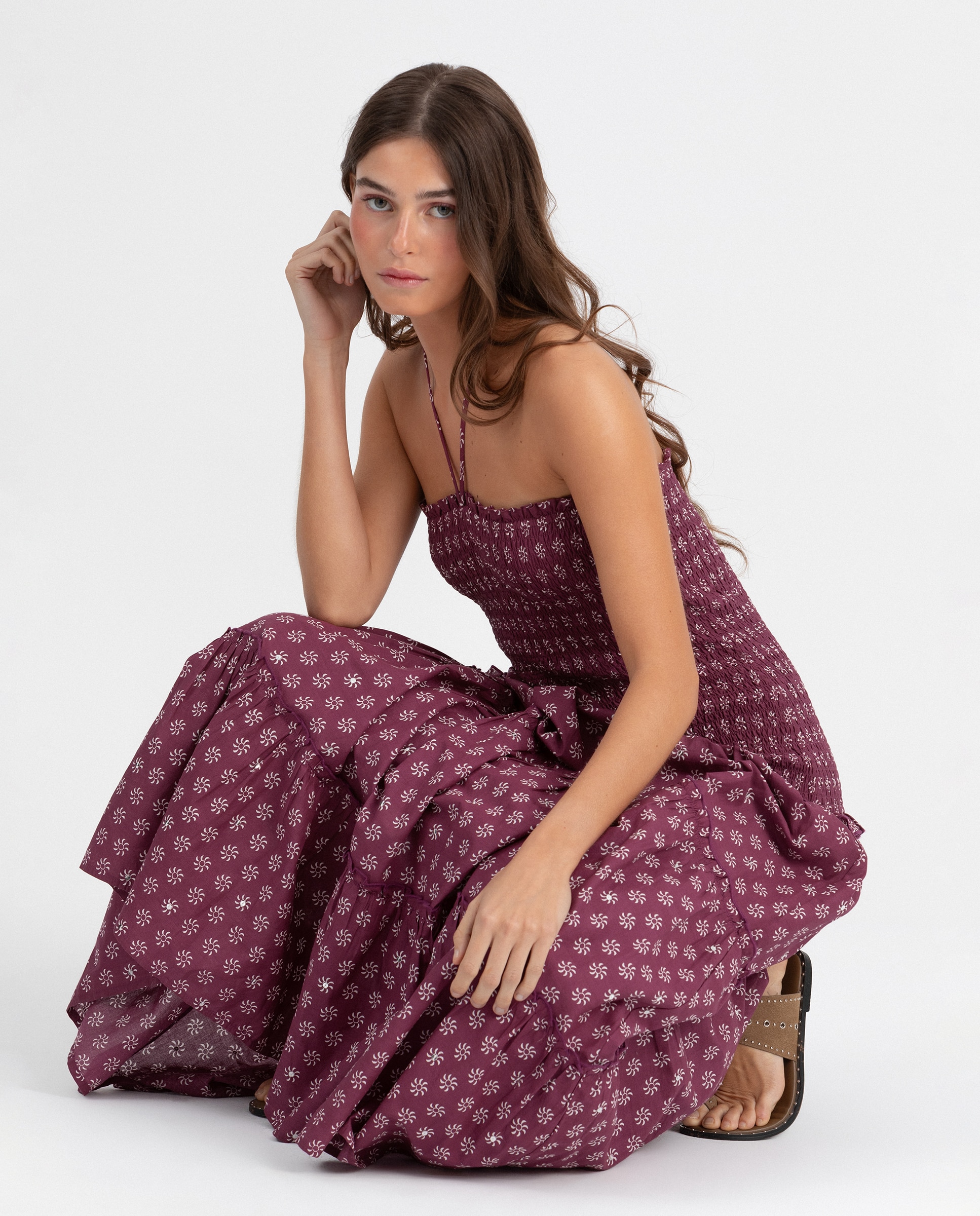 Vestido Midi Estampado Franzido Bordeaux-4