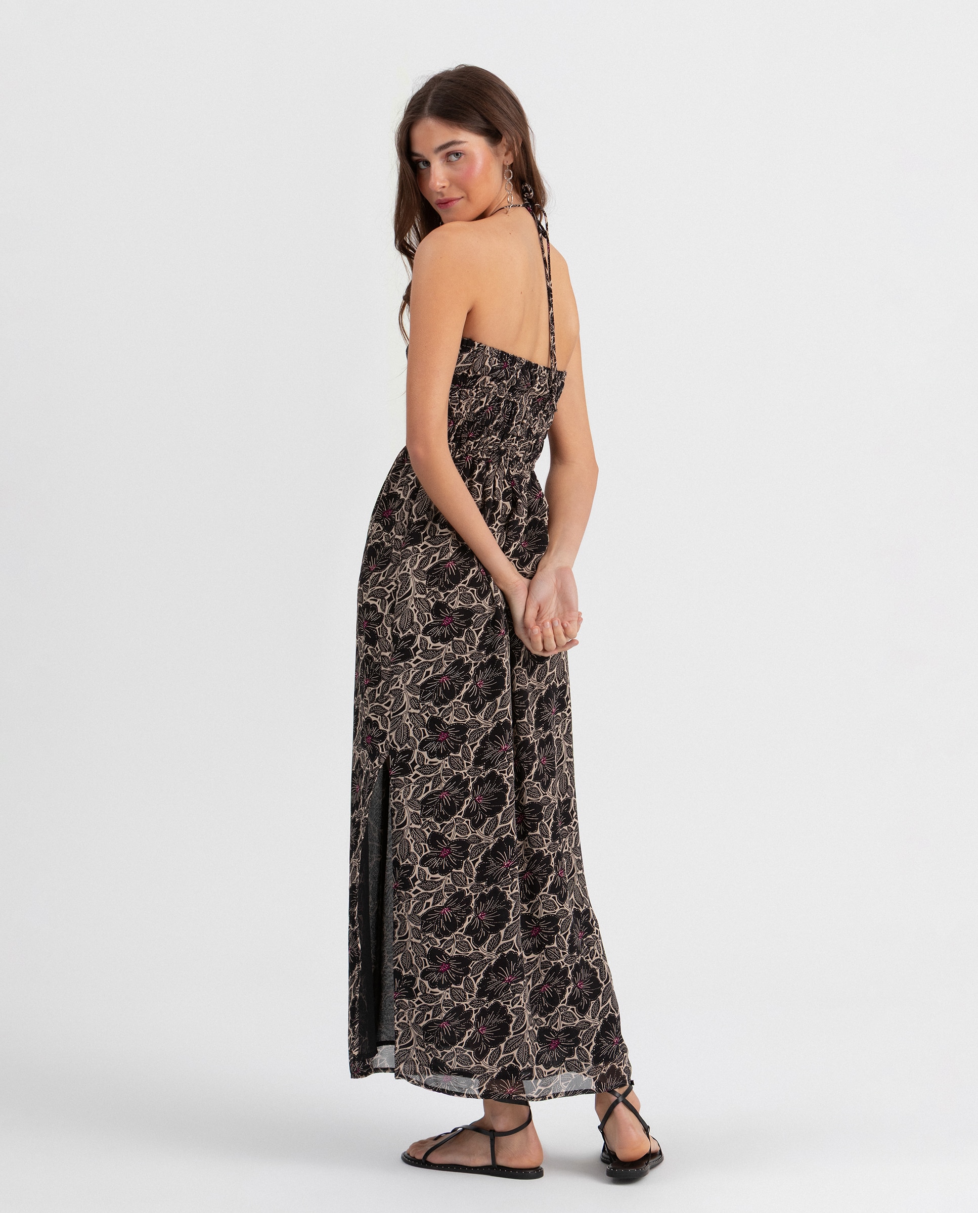 Vestido Midi com Elásticos Estampado Preto-2