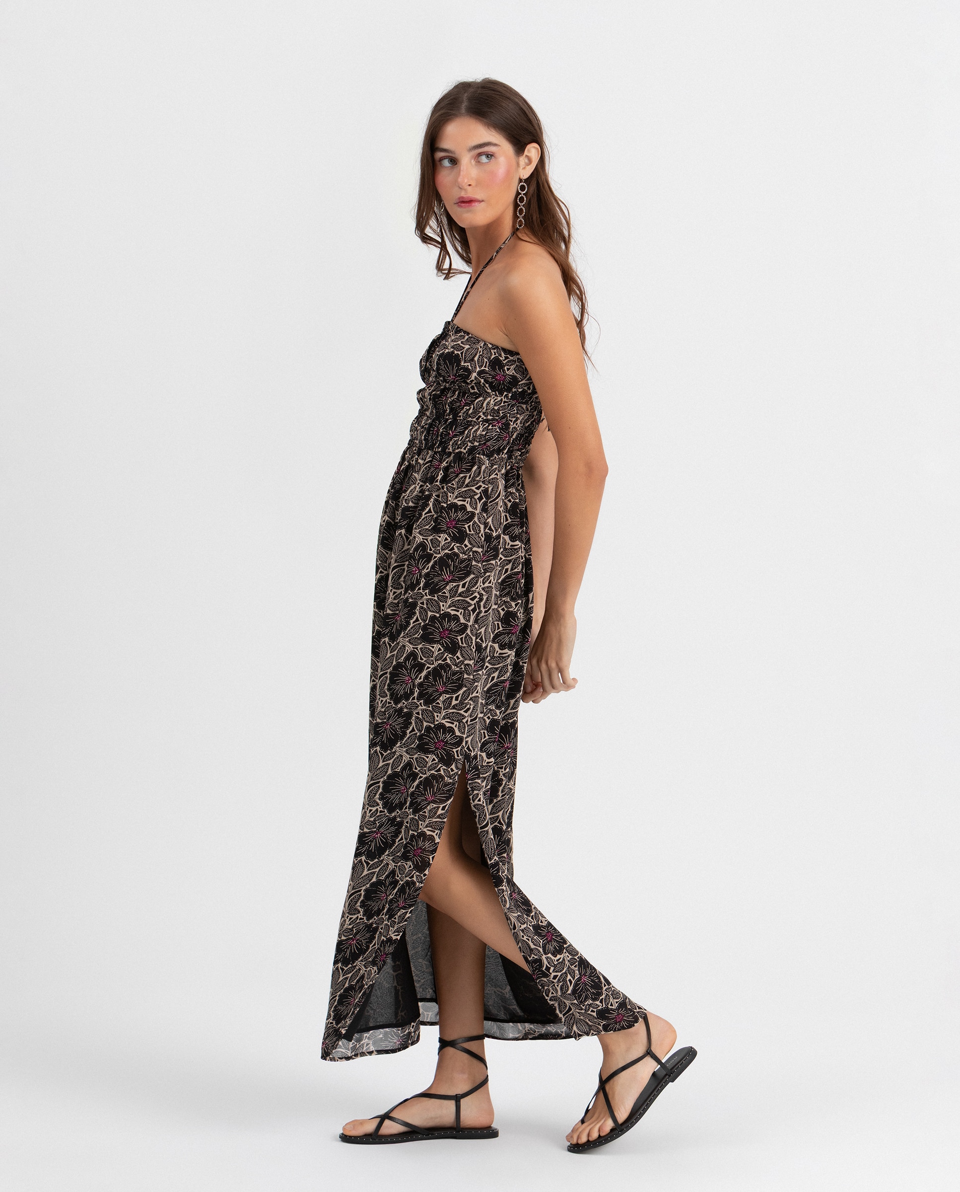 Vestido Midi com Elásticos Estampado Preto-3
