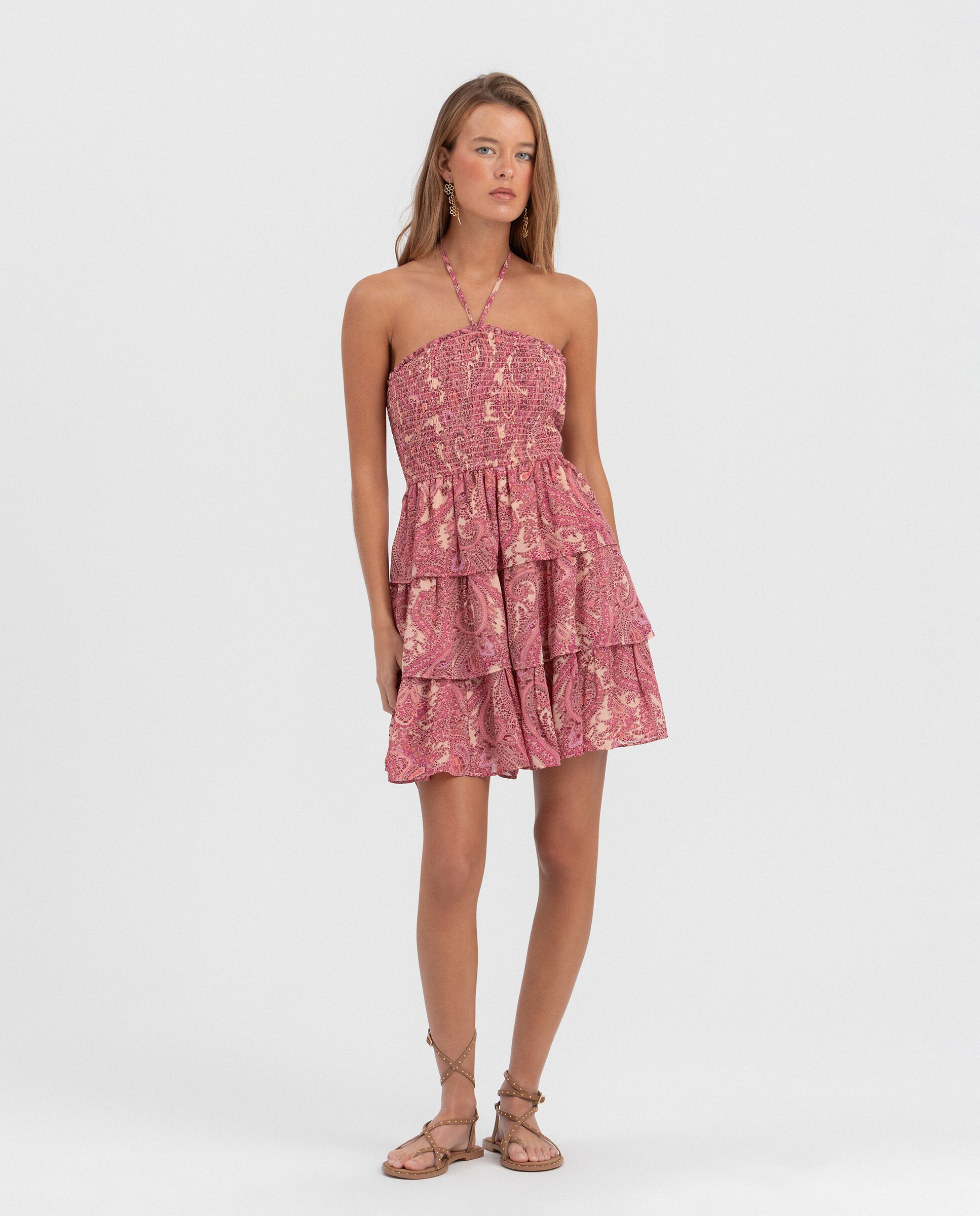 Vestido Mini Estampado com Folhos Rosa-2