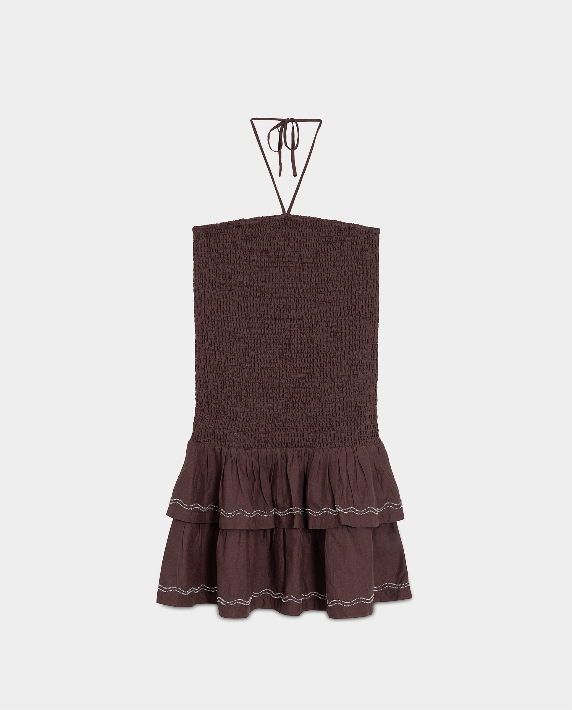 Vestido Mini com Laçada na Gola e Abalorios Castanho-5