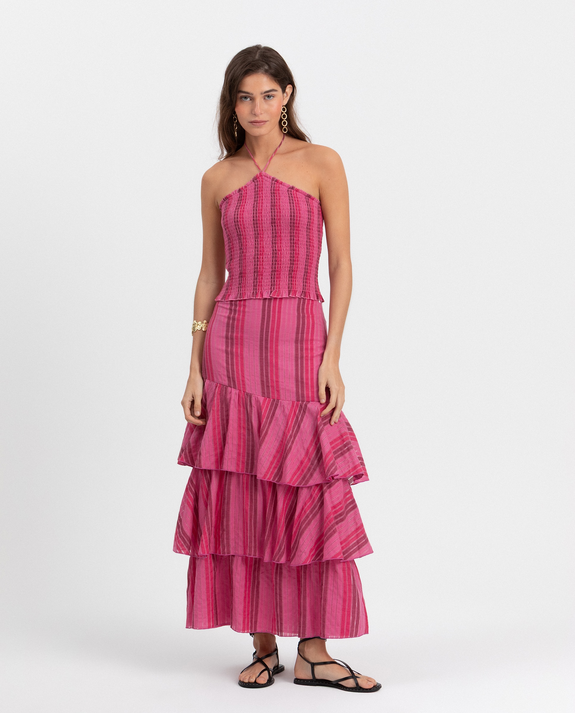 Imagem 0 de Saia Midi com Folhos e Estampado Às Riscas