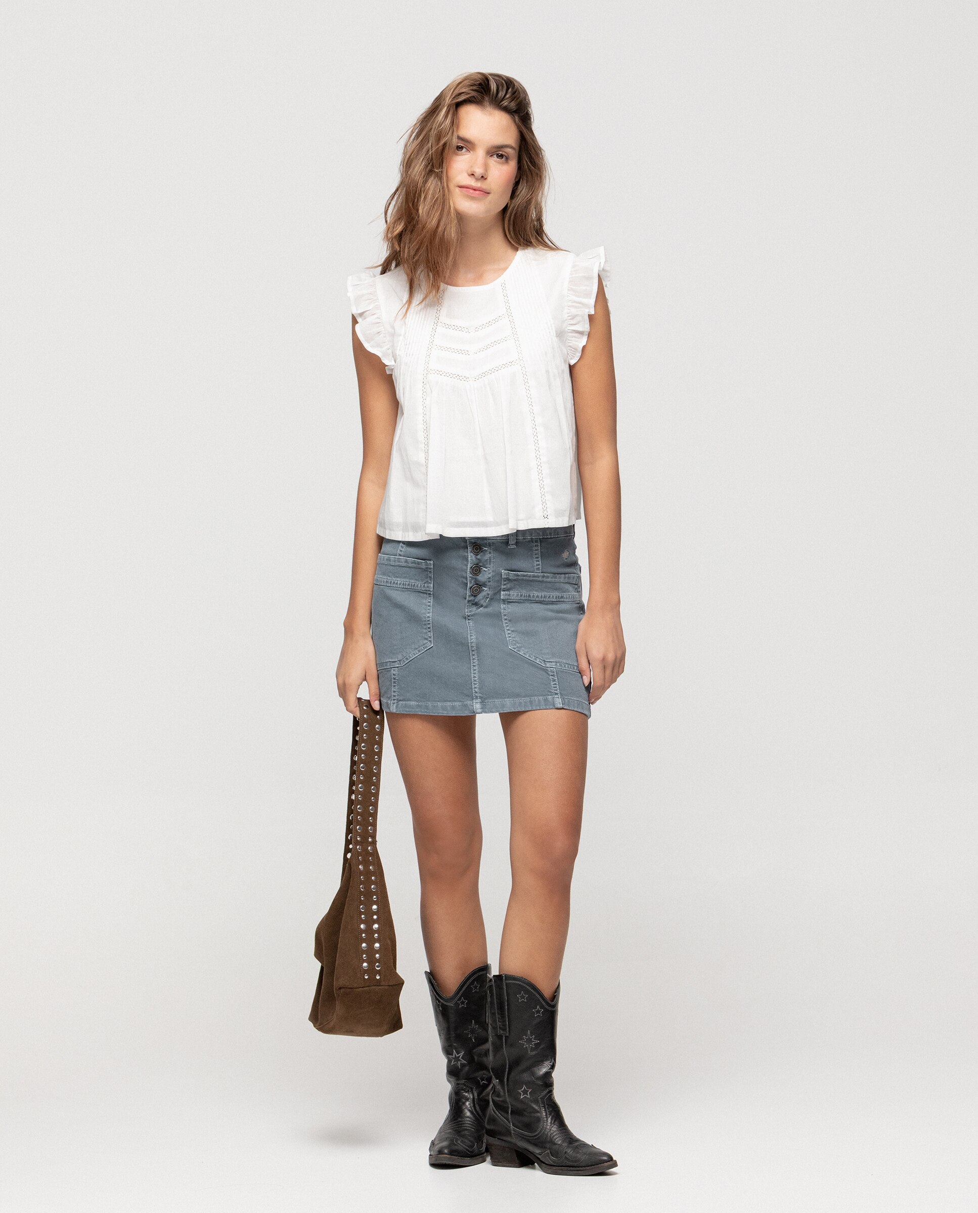 Saia Curta Jeans com Bolsos Azul denim-3