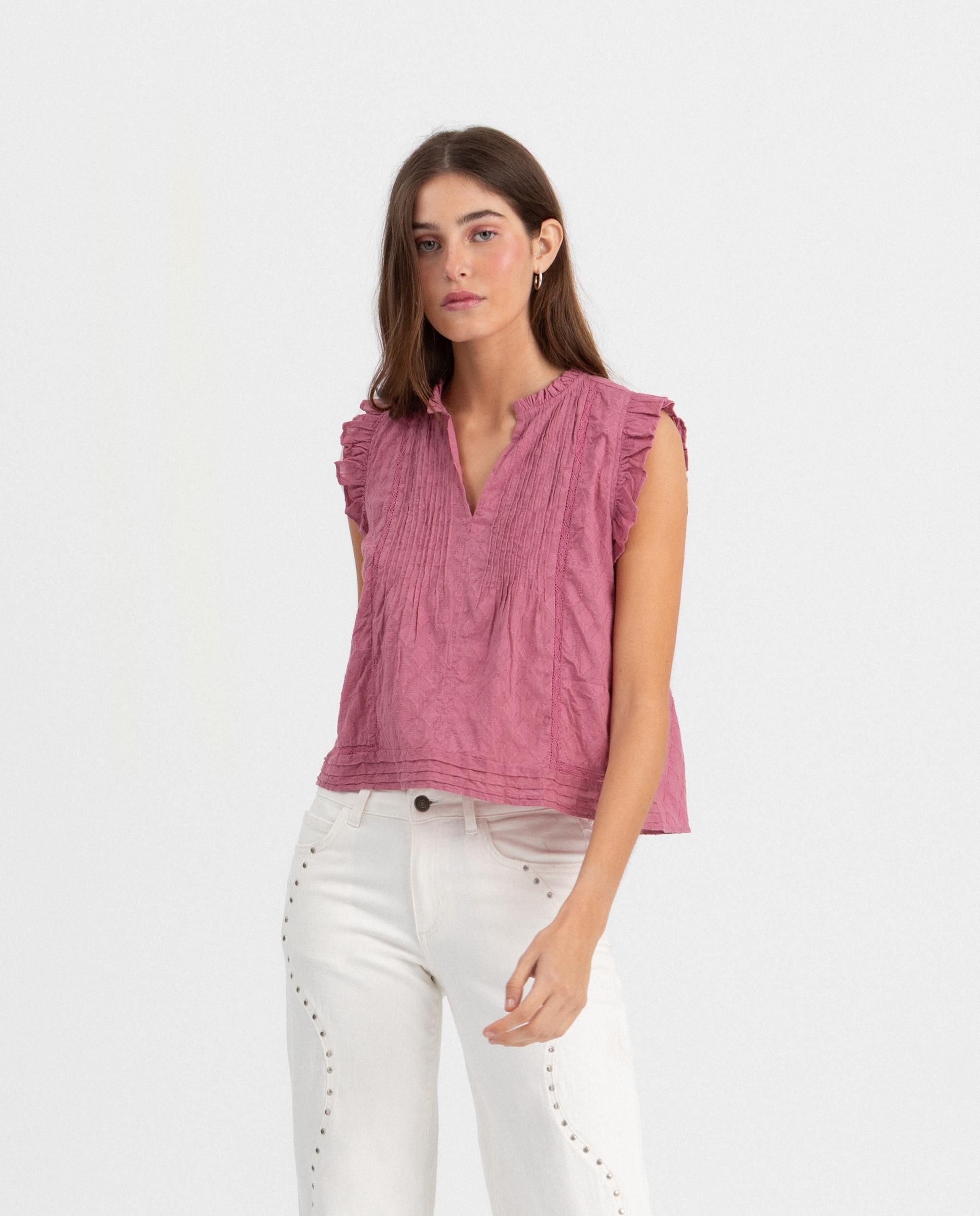 Blusa com Decote em V Rosa-3