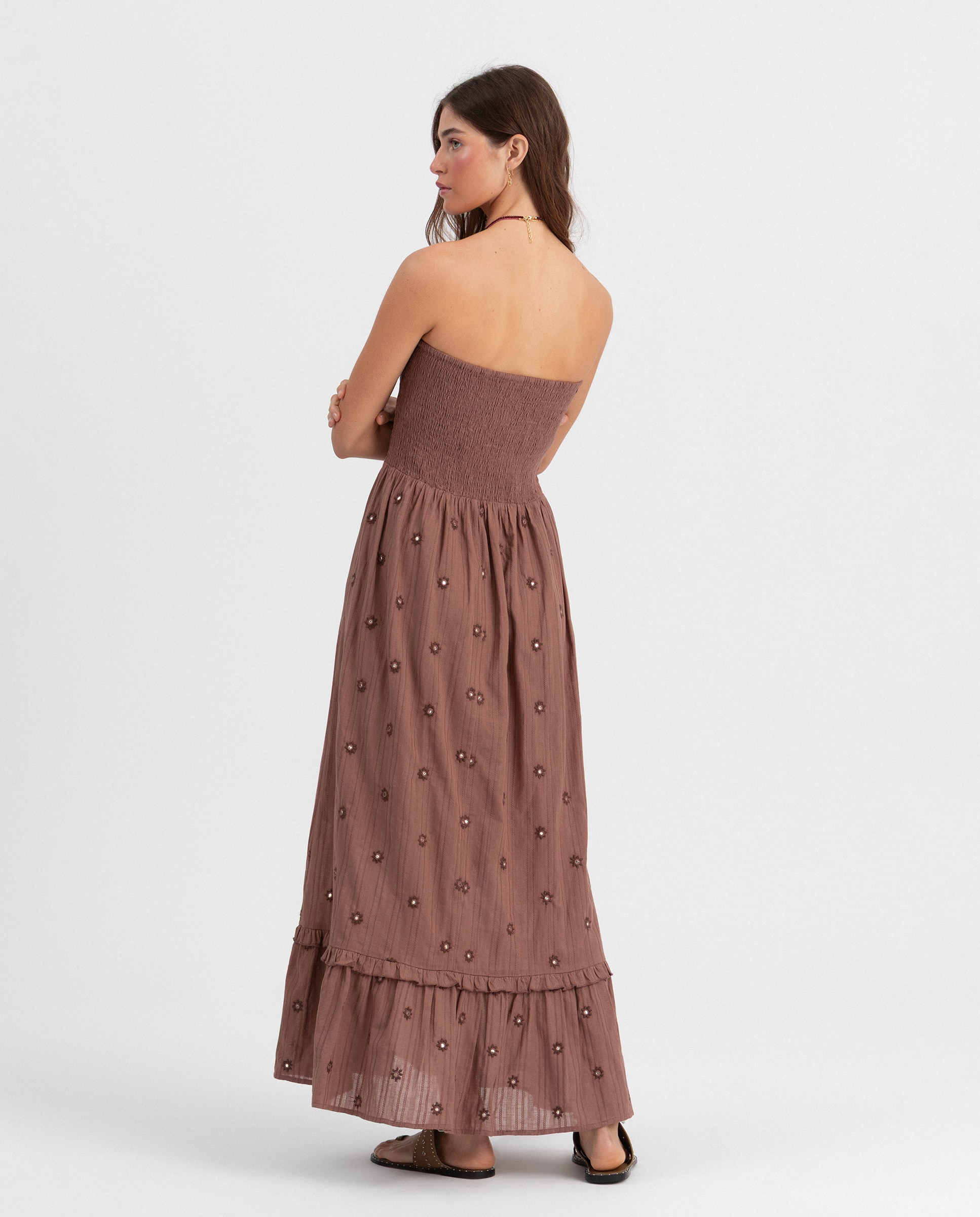 Vestido Midi com Espelhos Bordados Castanho-2