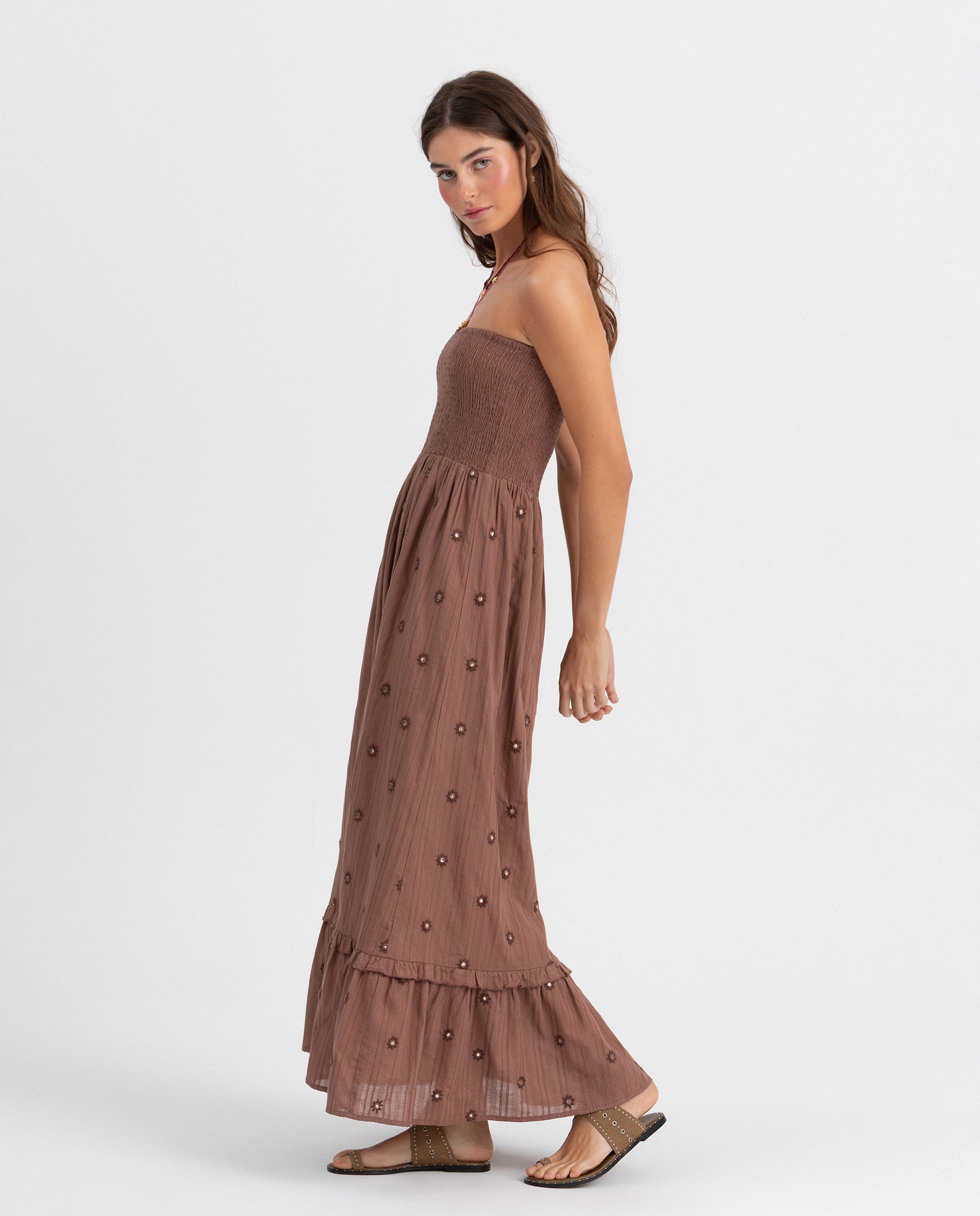 Vestido Midi com Espelhos Bordados Castanho-3