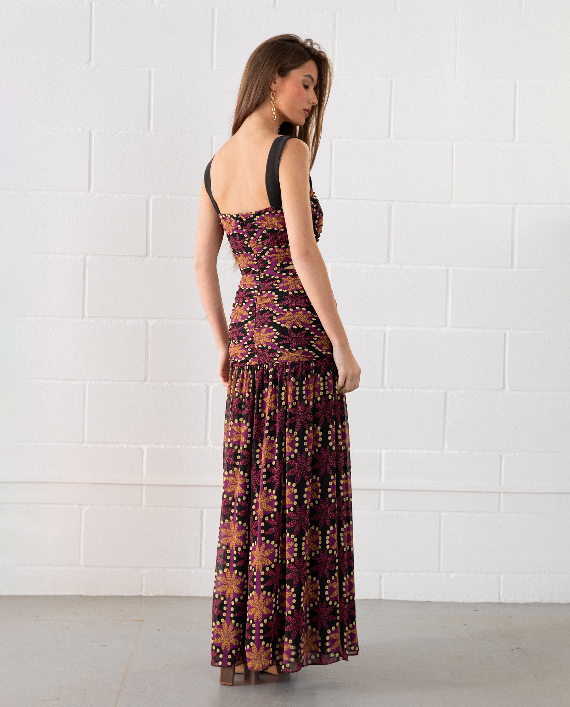 Vestido Midi Cut Out Estampado Preto / Laranja-2
