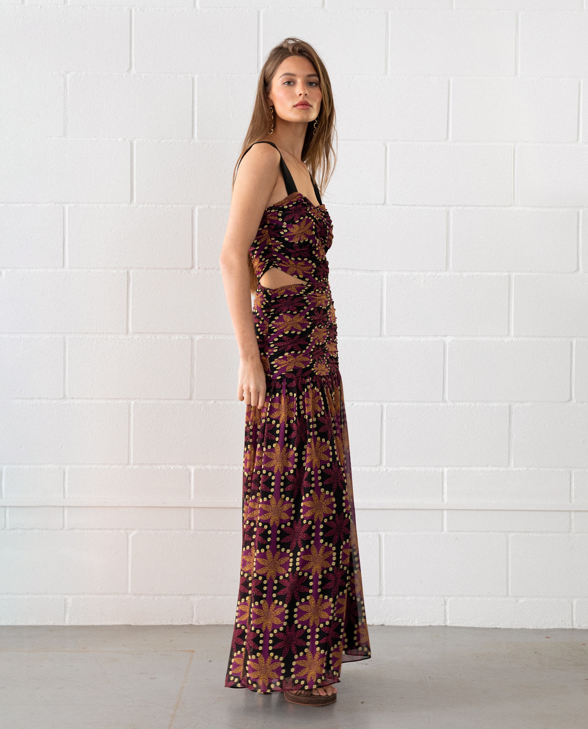 Vestido Midi Cut Out Estampado Preto / Laranja-3