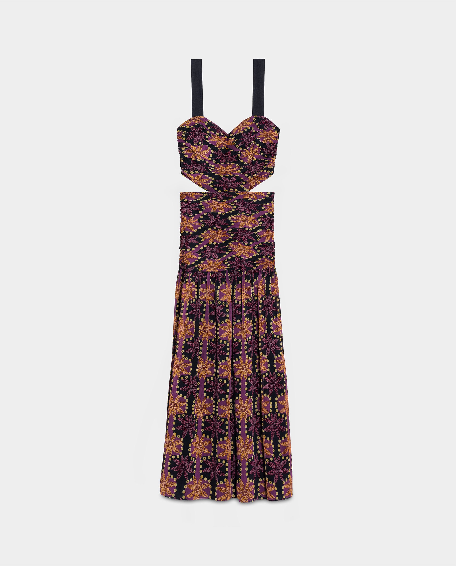 Vestido Midi Cut Out Estampado Preto / Laranja-5