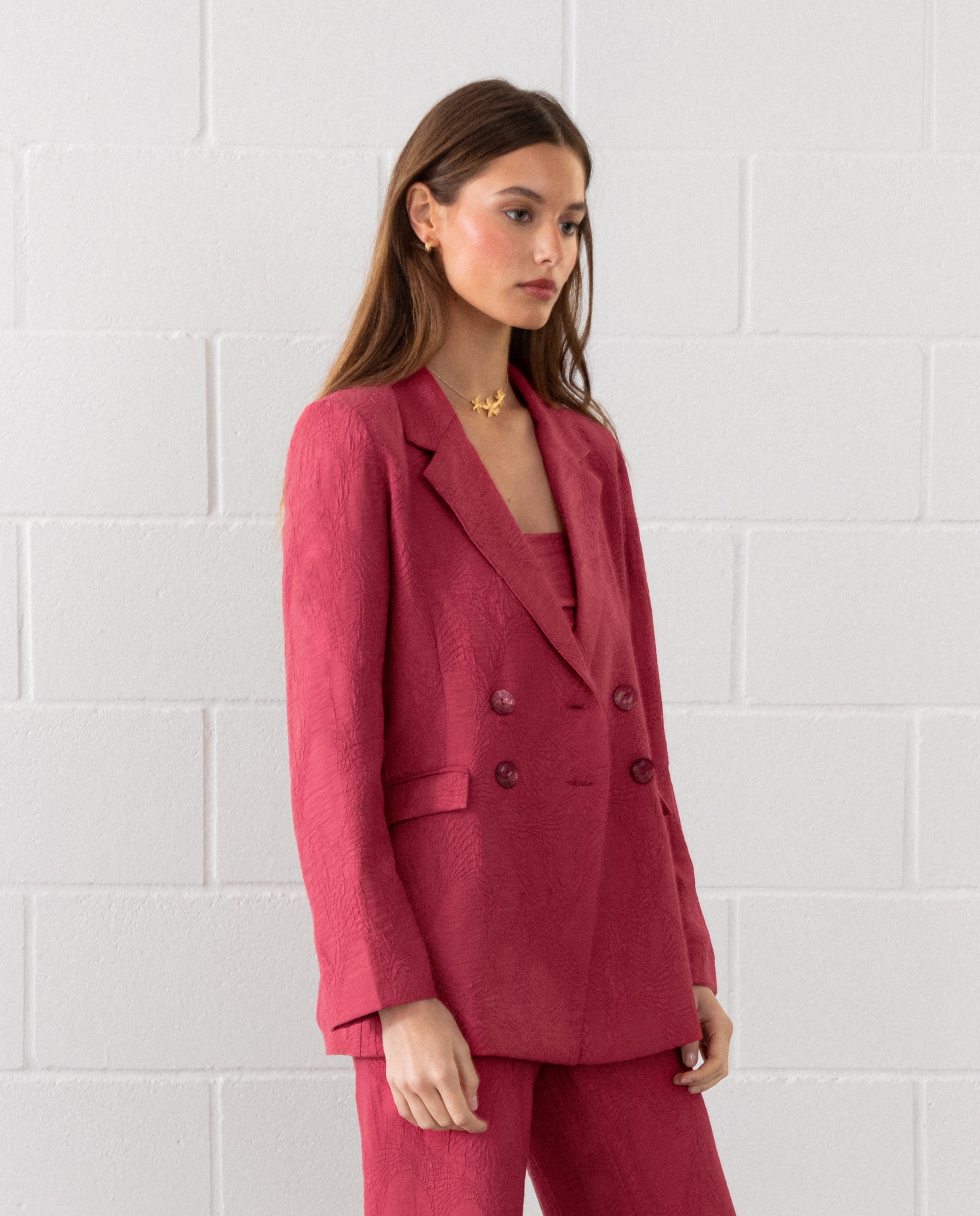 Blazer Cruzada com Lapela Rosa-3
