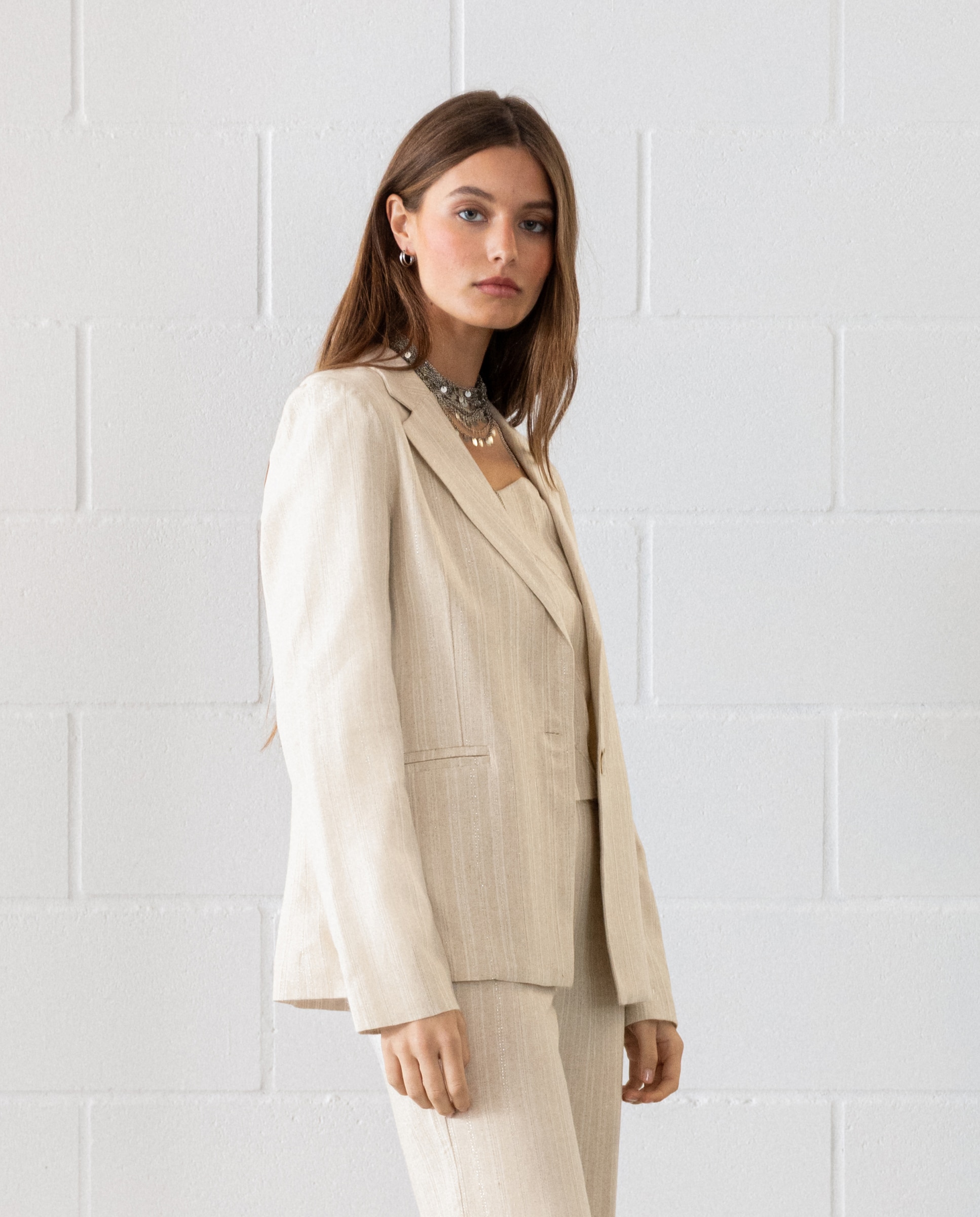 Blazer Às Riscas com Bolsos Cru-3