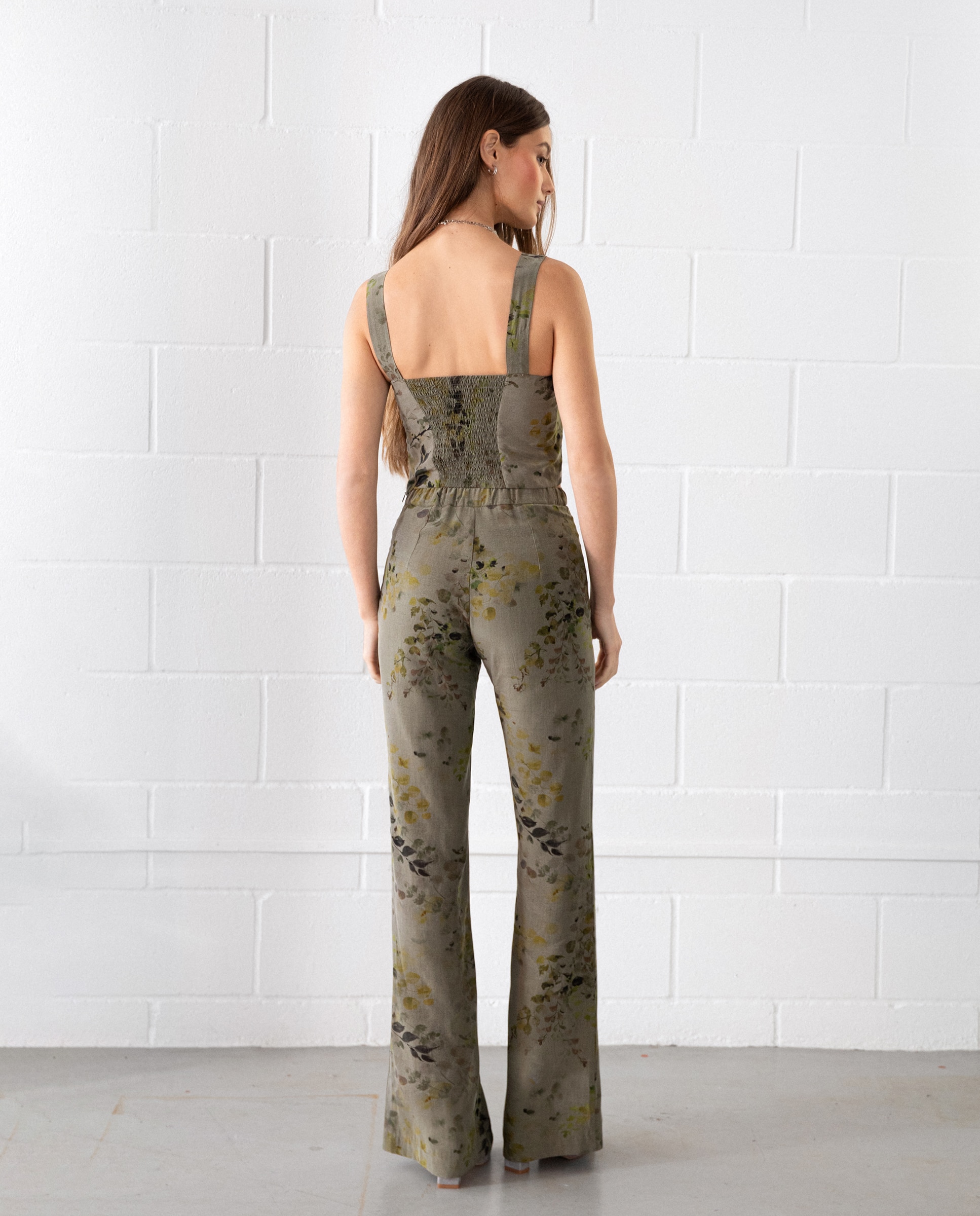 Calças Retas com Estampado Floral Verde-escuro-2