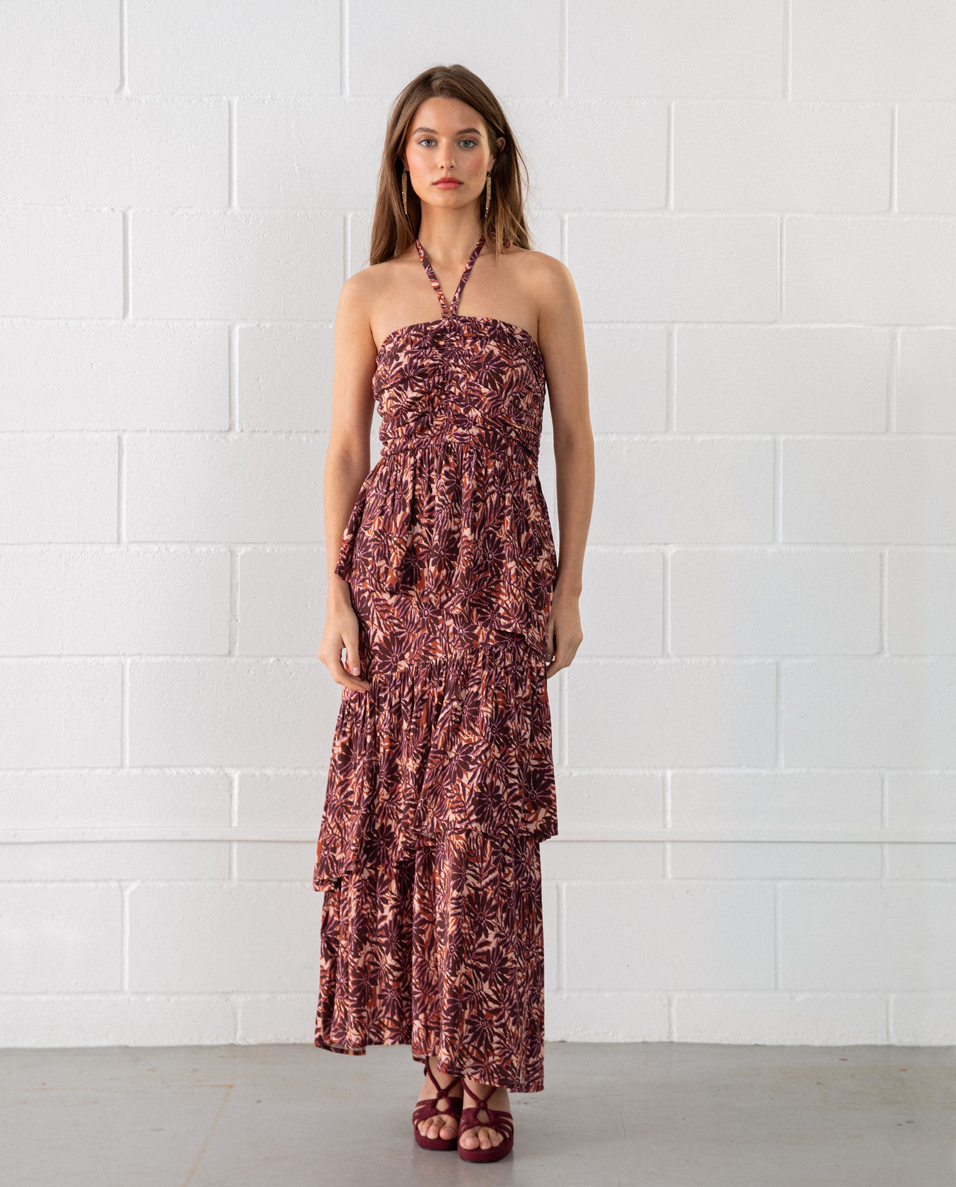 Imagem 0 de Vestido Midi Estampado com Folhos e Laçada na Gola