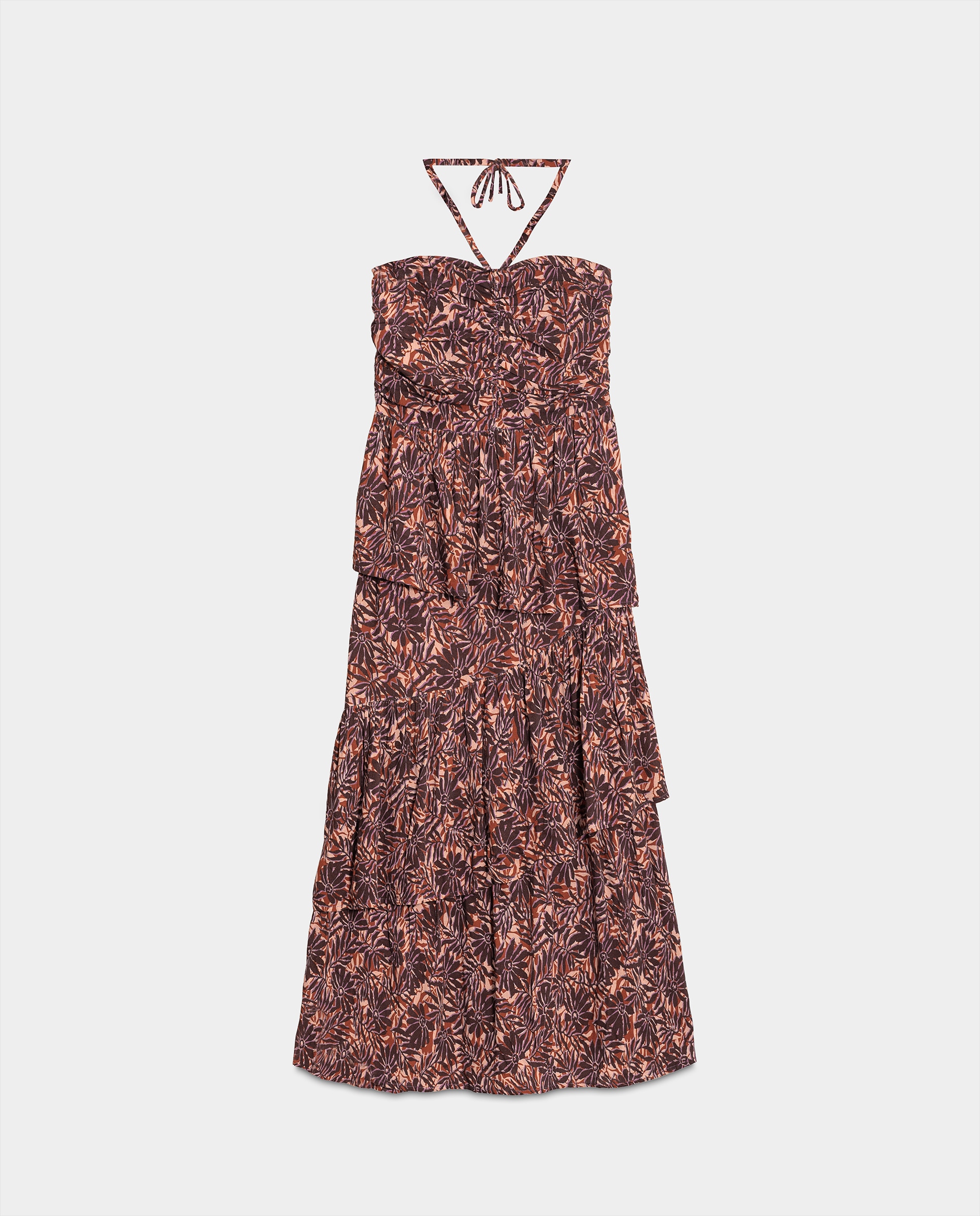Vestido Midi Estampado com Folhos e Laçada na Gola Rosa-3