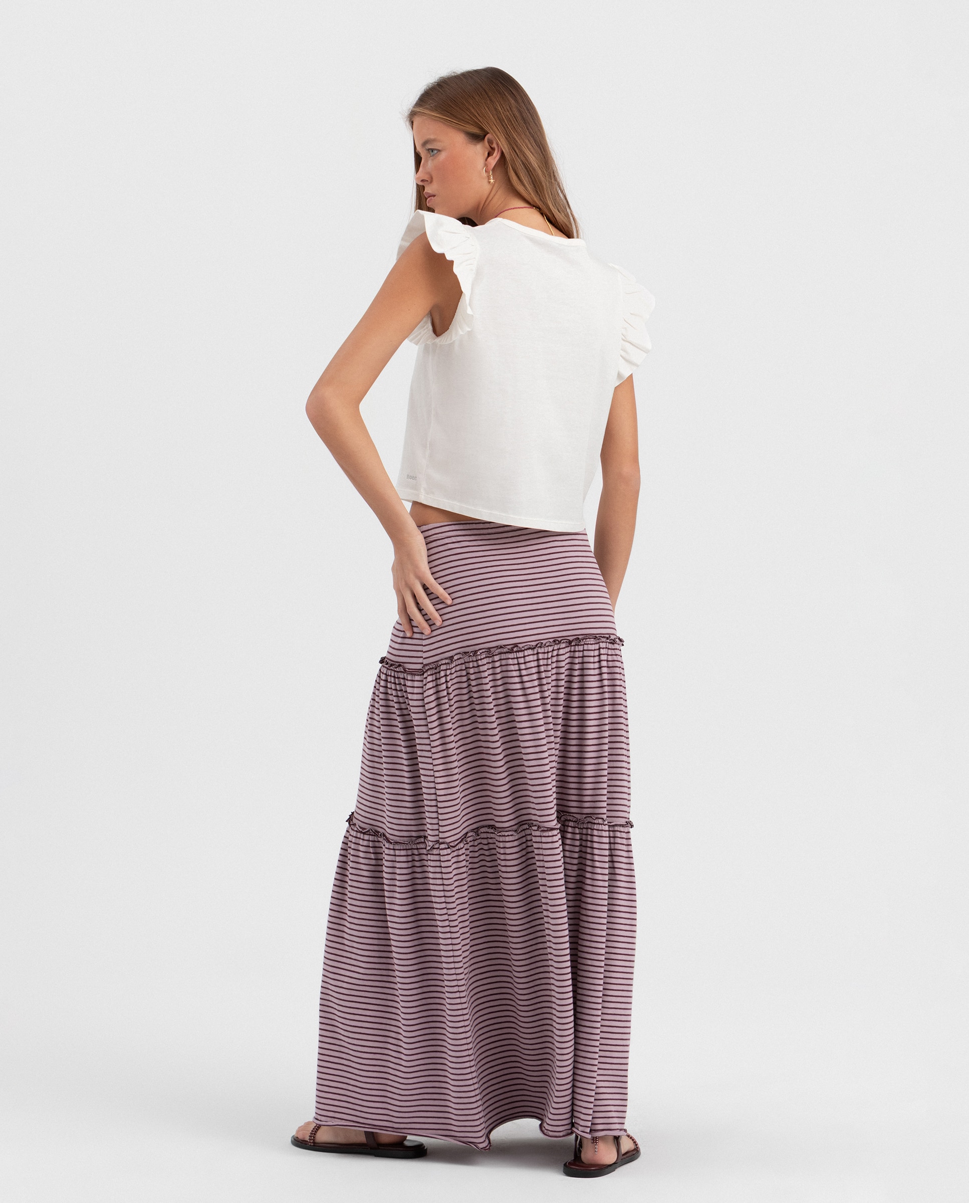 Saia Midi Às Riscas com Folhos Franzidos Rosa-2