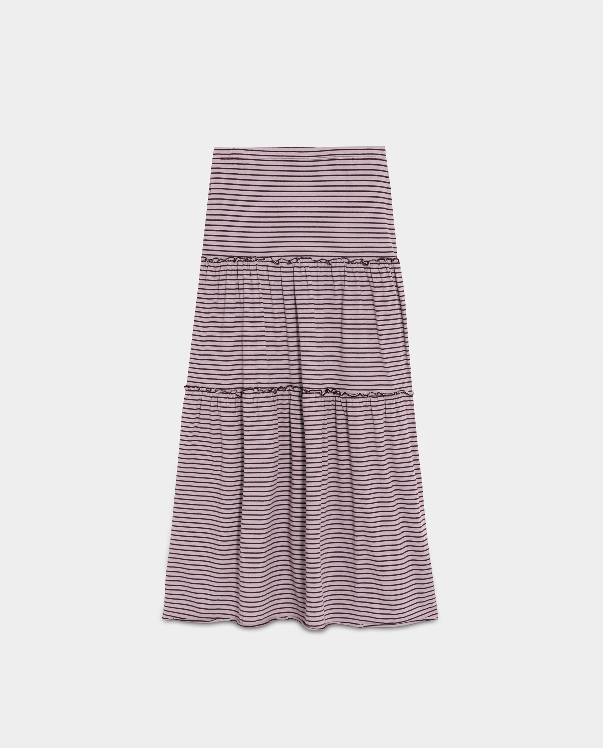 Saia Midi Às Riscas com Folhos Franzidos Rosa-5