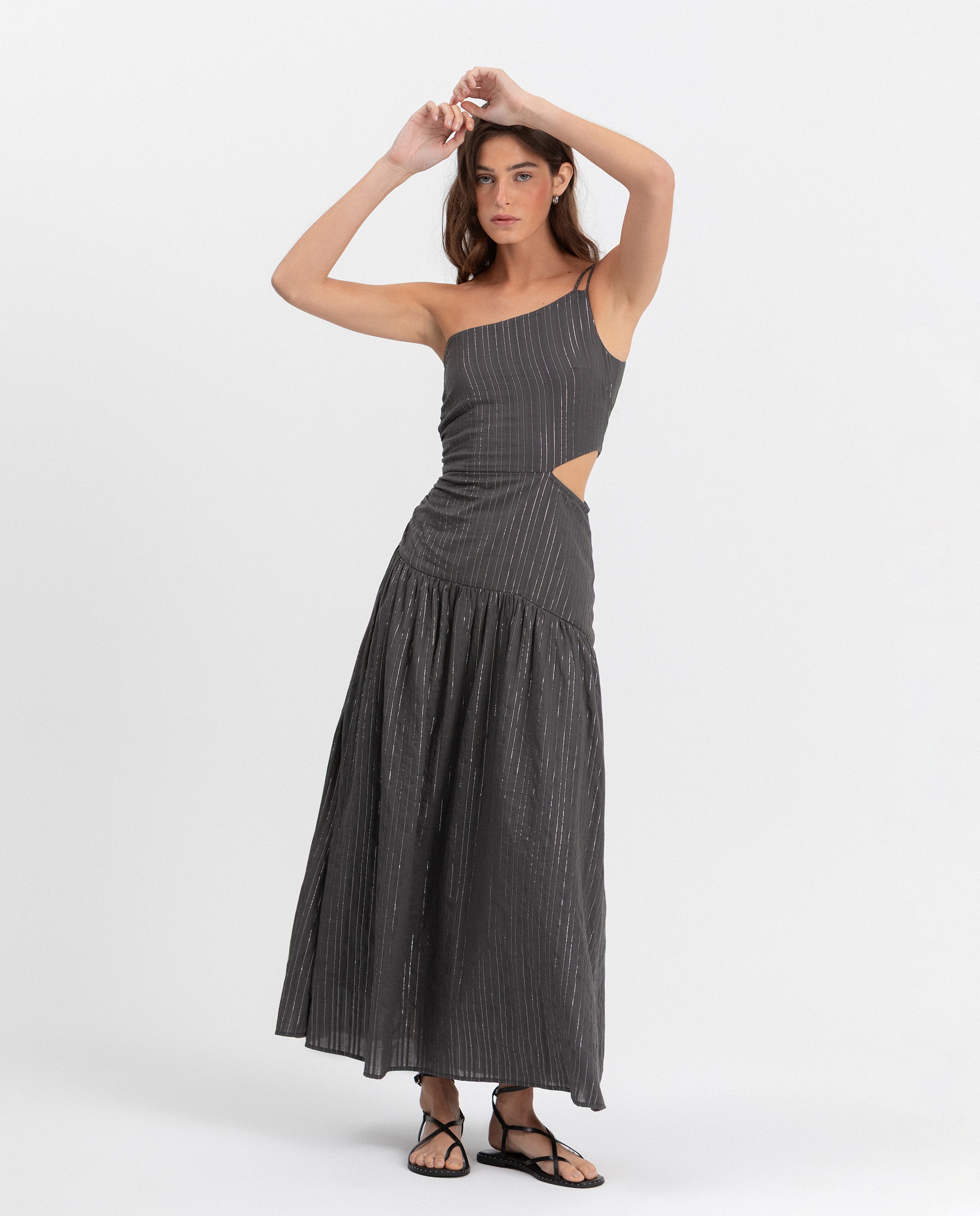 Vestido Midi sem Mangas com Abertura Lateral Antracite-4