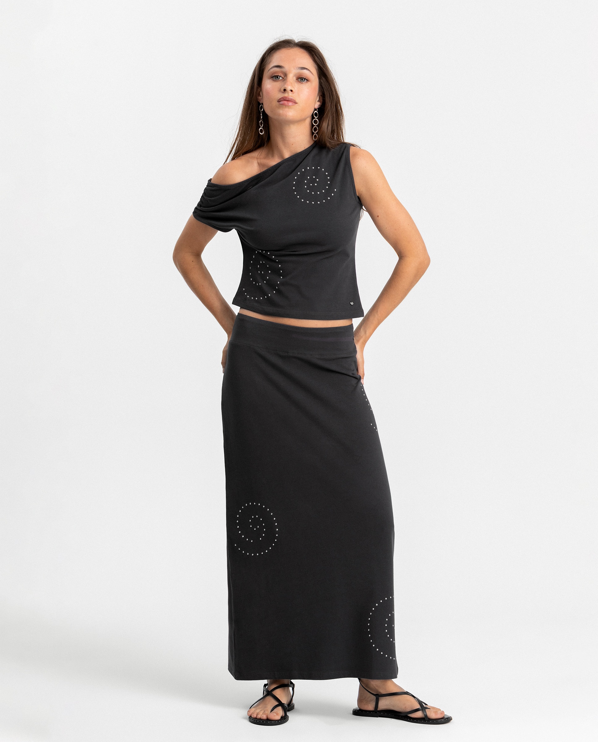 Saia Midi com Tachas Antracite / Cinzento-3