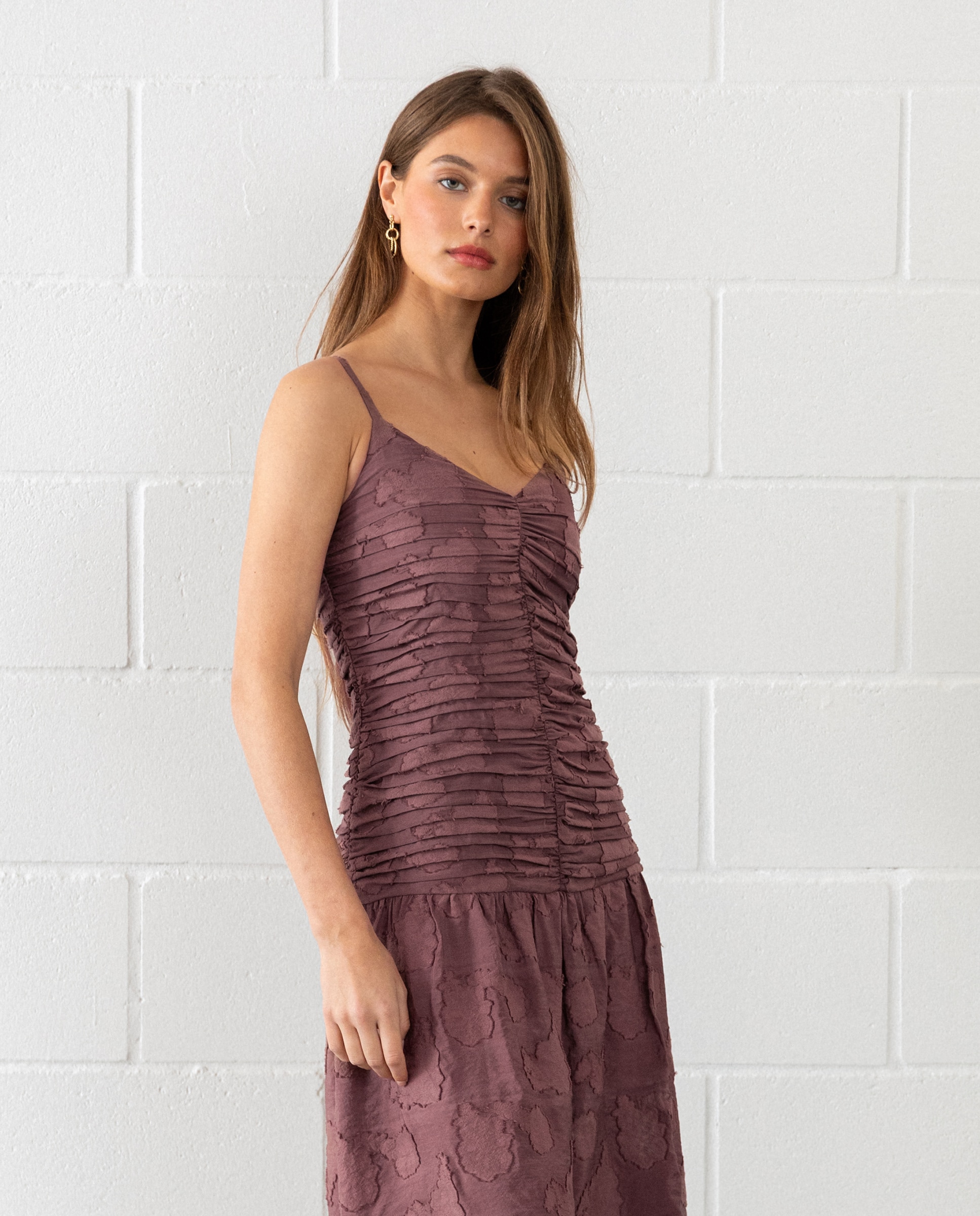 Vestido Midi Drapeado de Alças Rosa-3