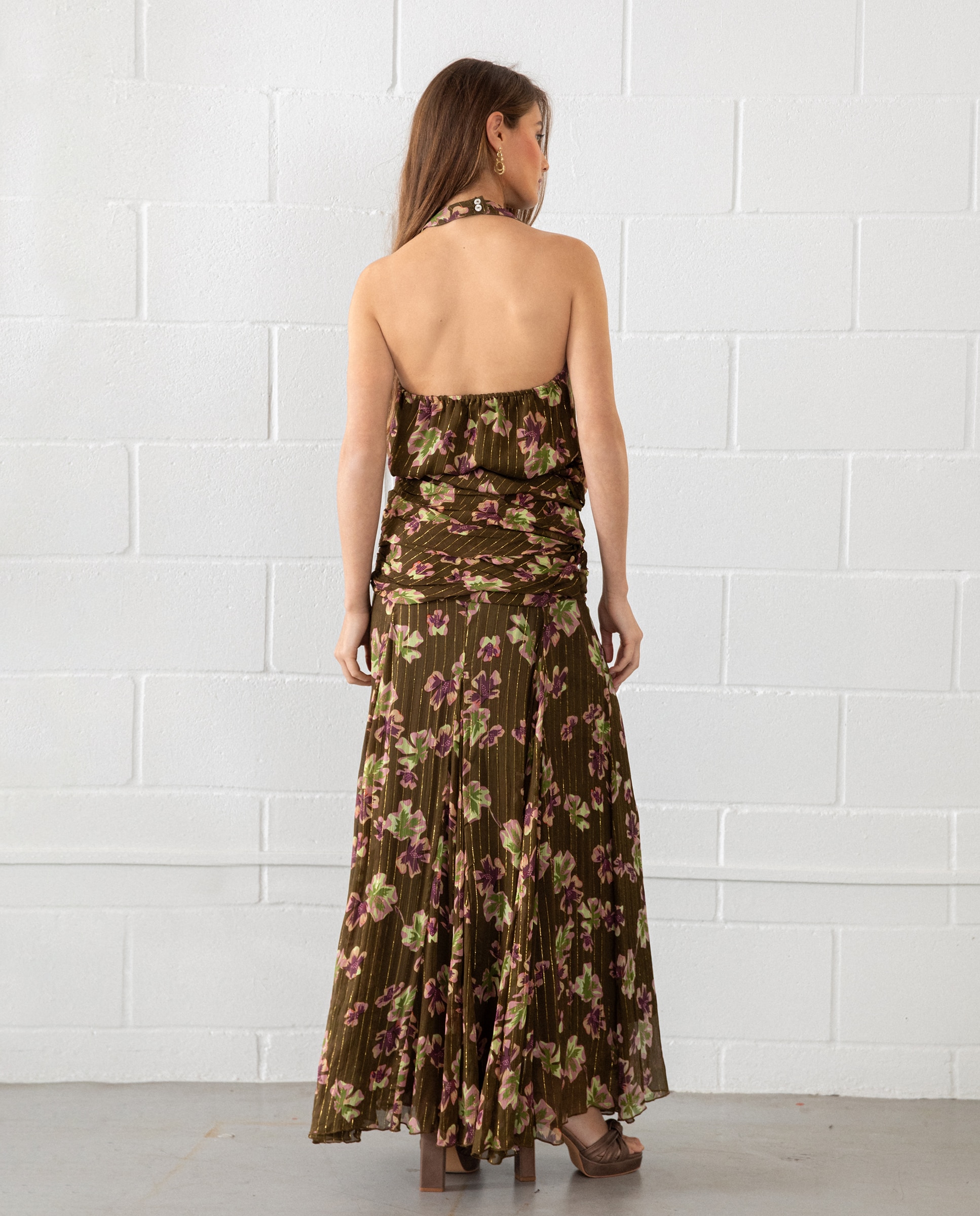 Saia Midi Estampada com Folhos Verde-2