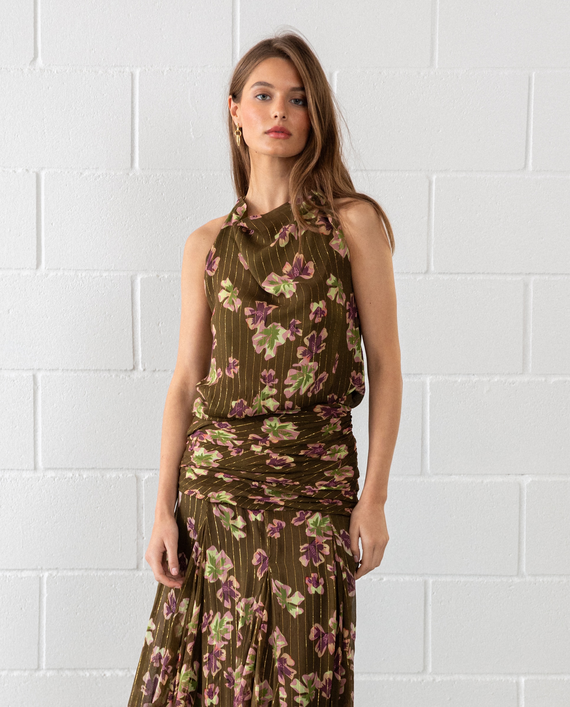Saia Midi Estampada com Folhos Verde-3