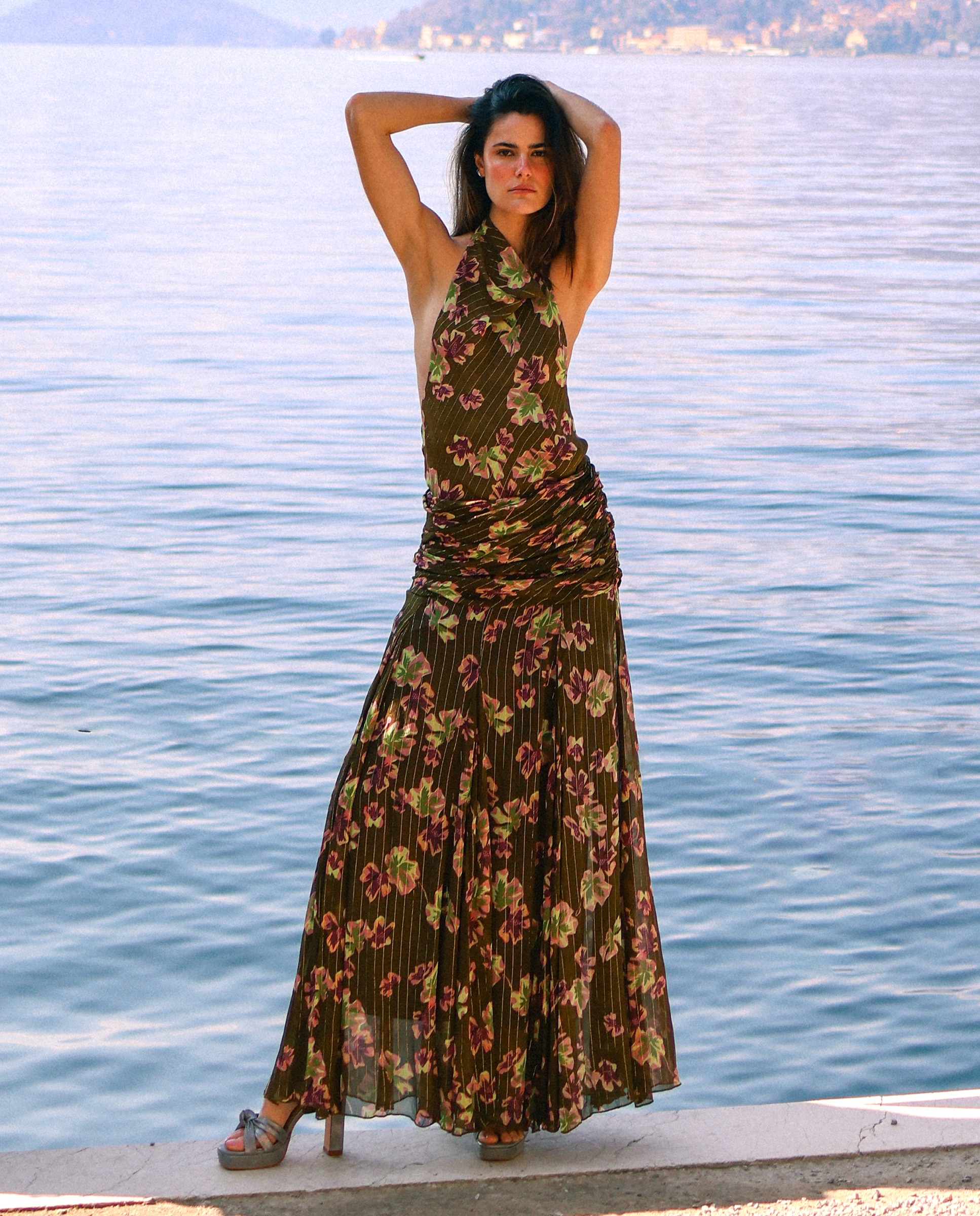 Saia Midi Estampada com Folhos Verde-4