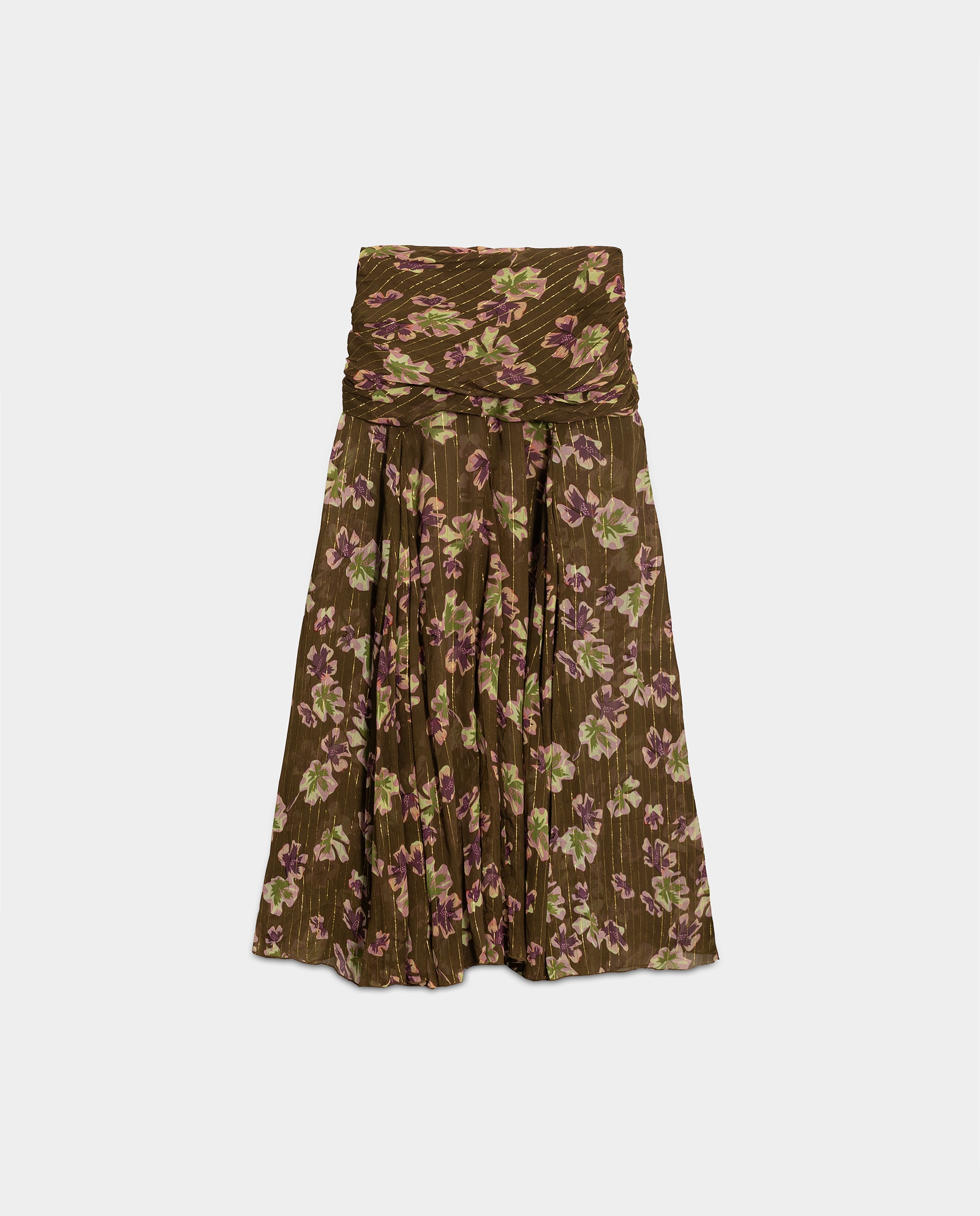 Saia Midi Estampada com Folhos Verde-5