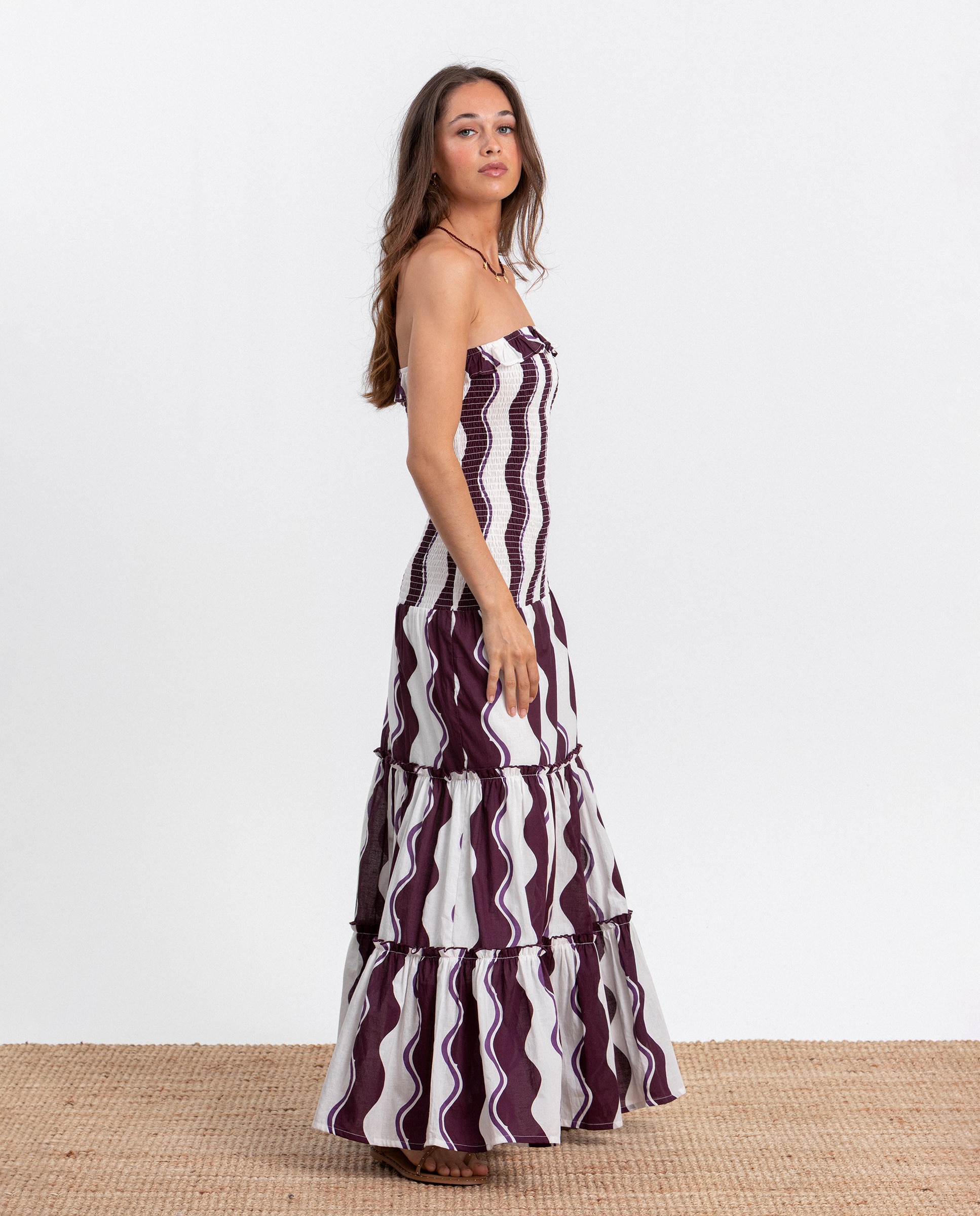 Vestido Comprido com Estampado Às Riscas Cru-3