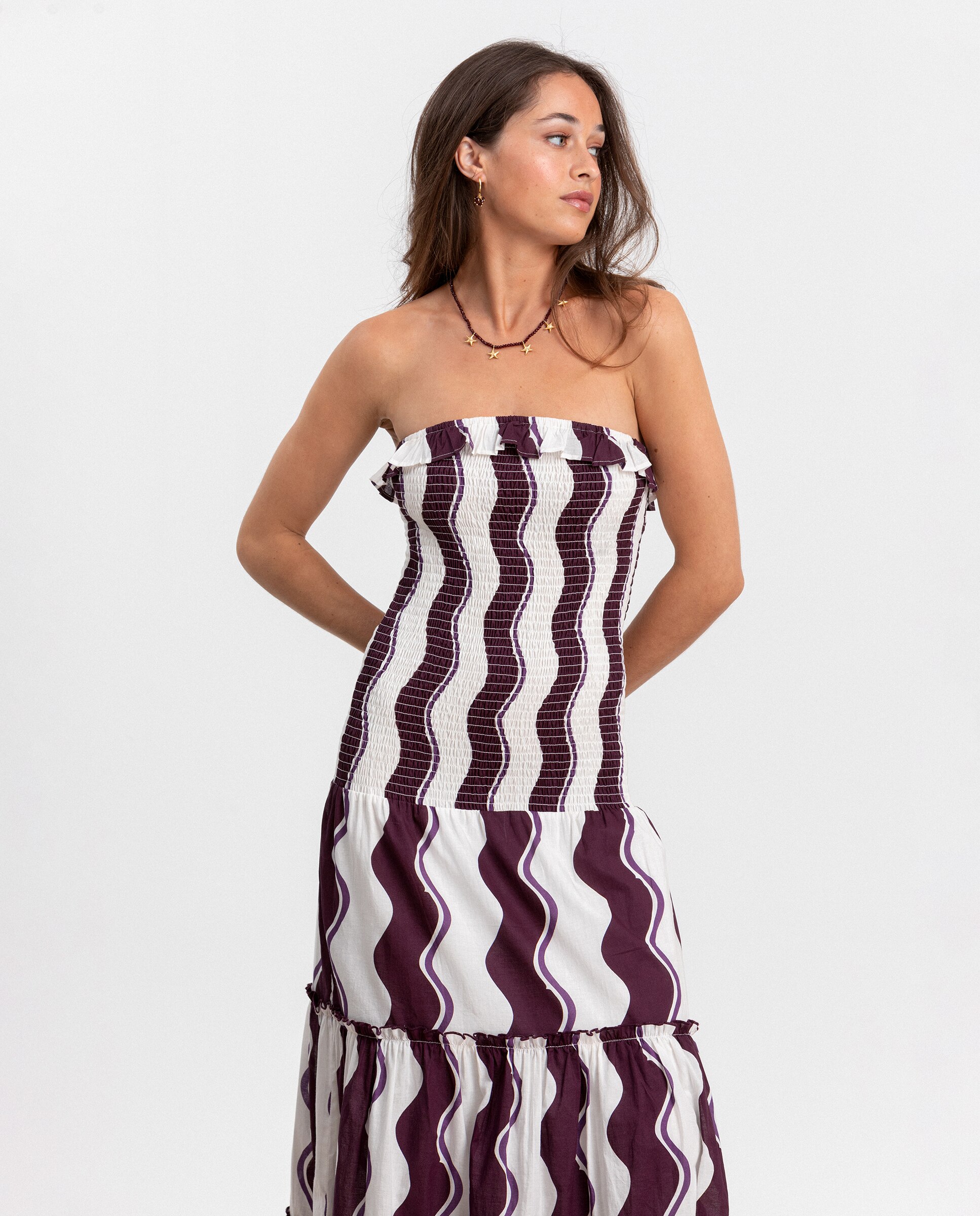 Vestido Comprido com Estampado Às Riscas Cru-4