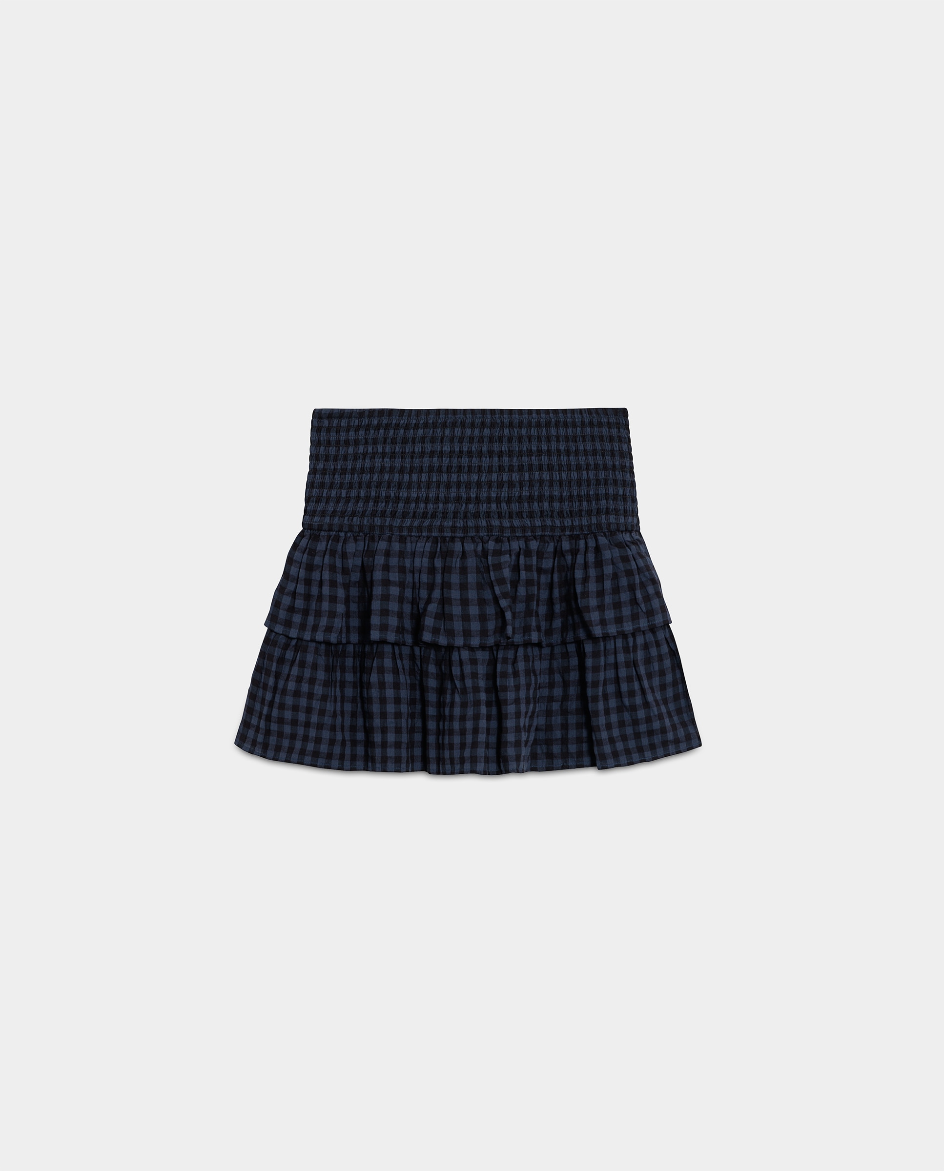 Saia Mini com Folhos e Estampado Aos Quadrados Azul-5