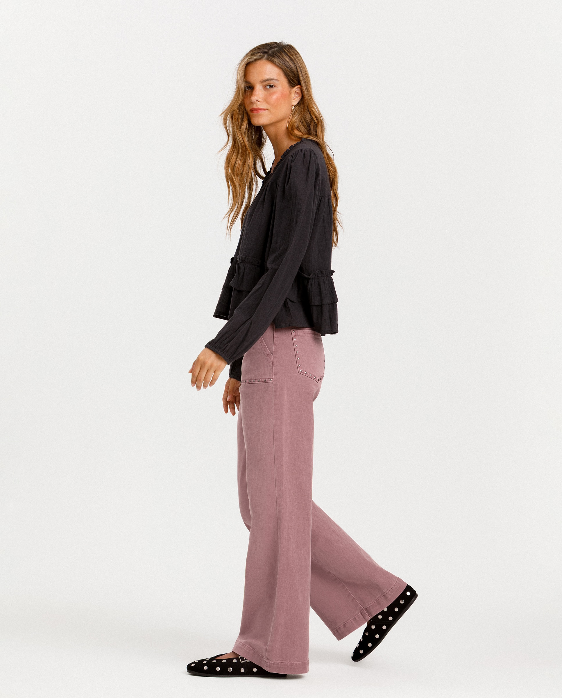 Jeans Culotte com Tachas Rosa-2
