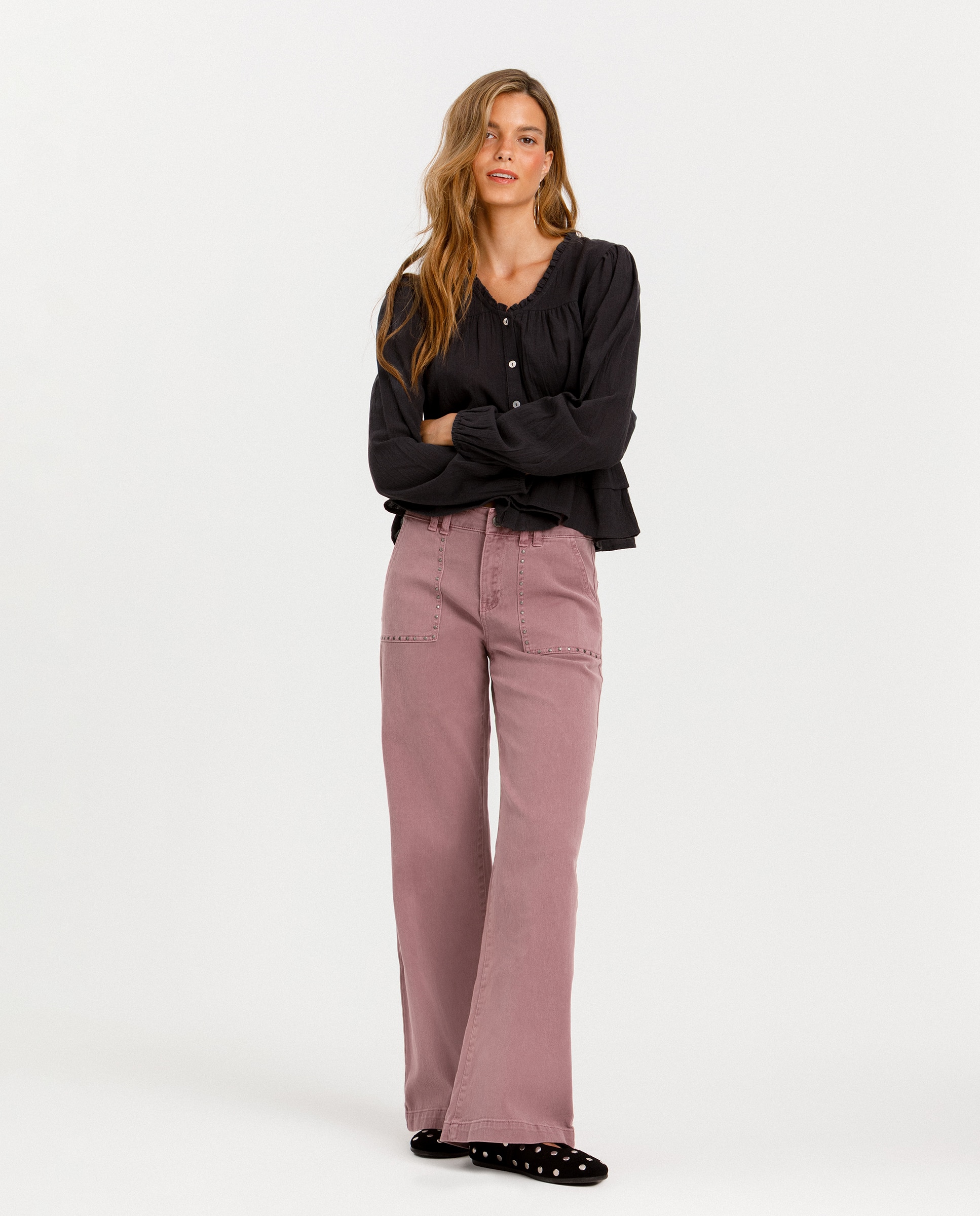 Jeans Culotte com Tachas Rosa-3