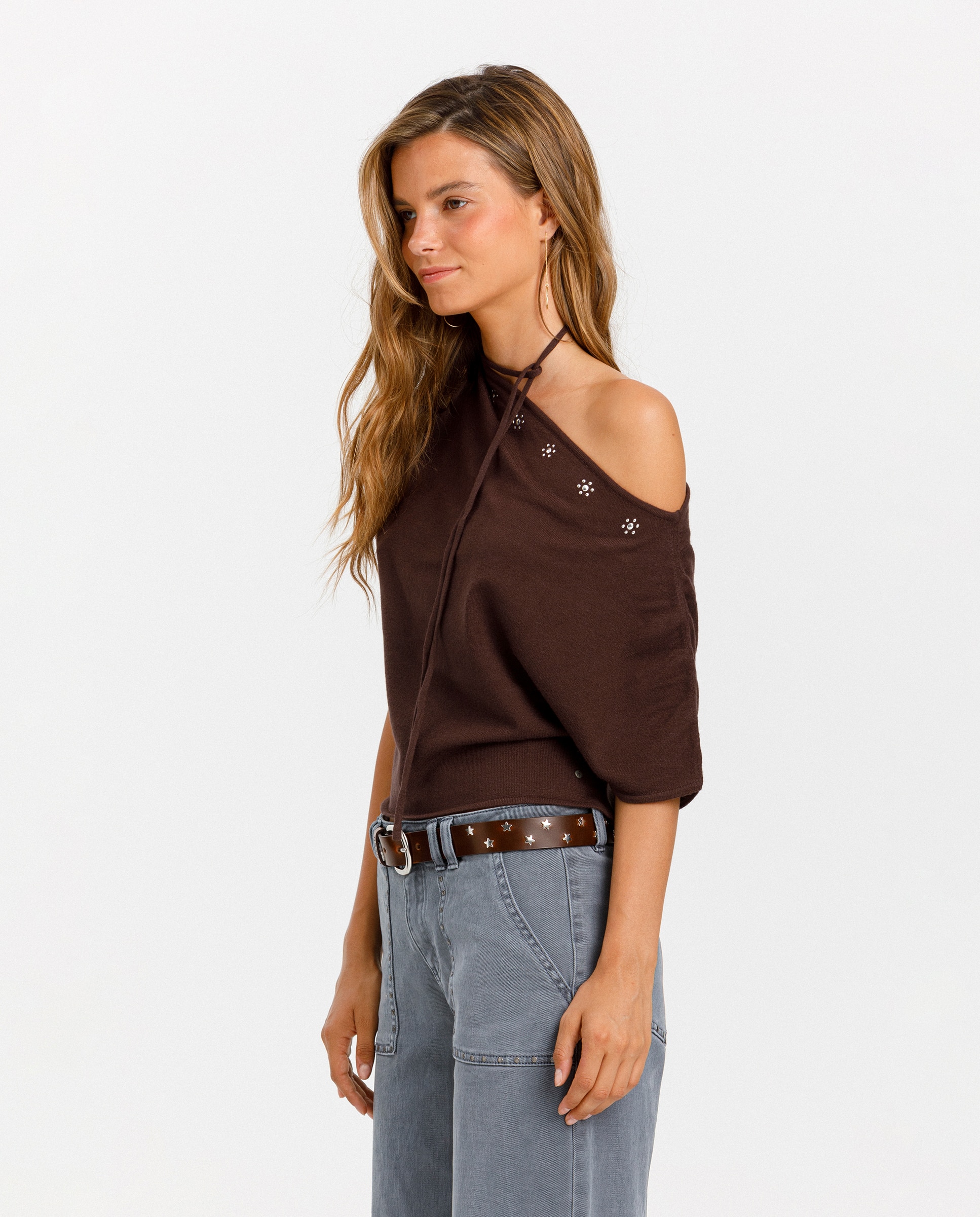 Camisola Assimétrica com Ombro Descoberto Castanho-3