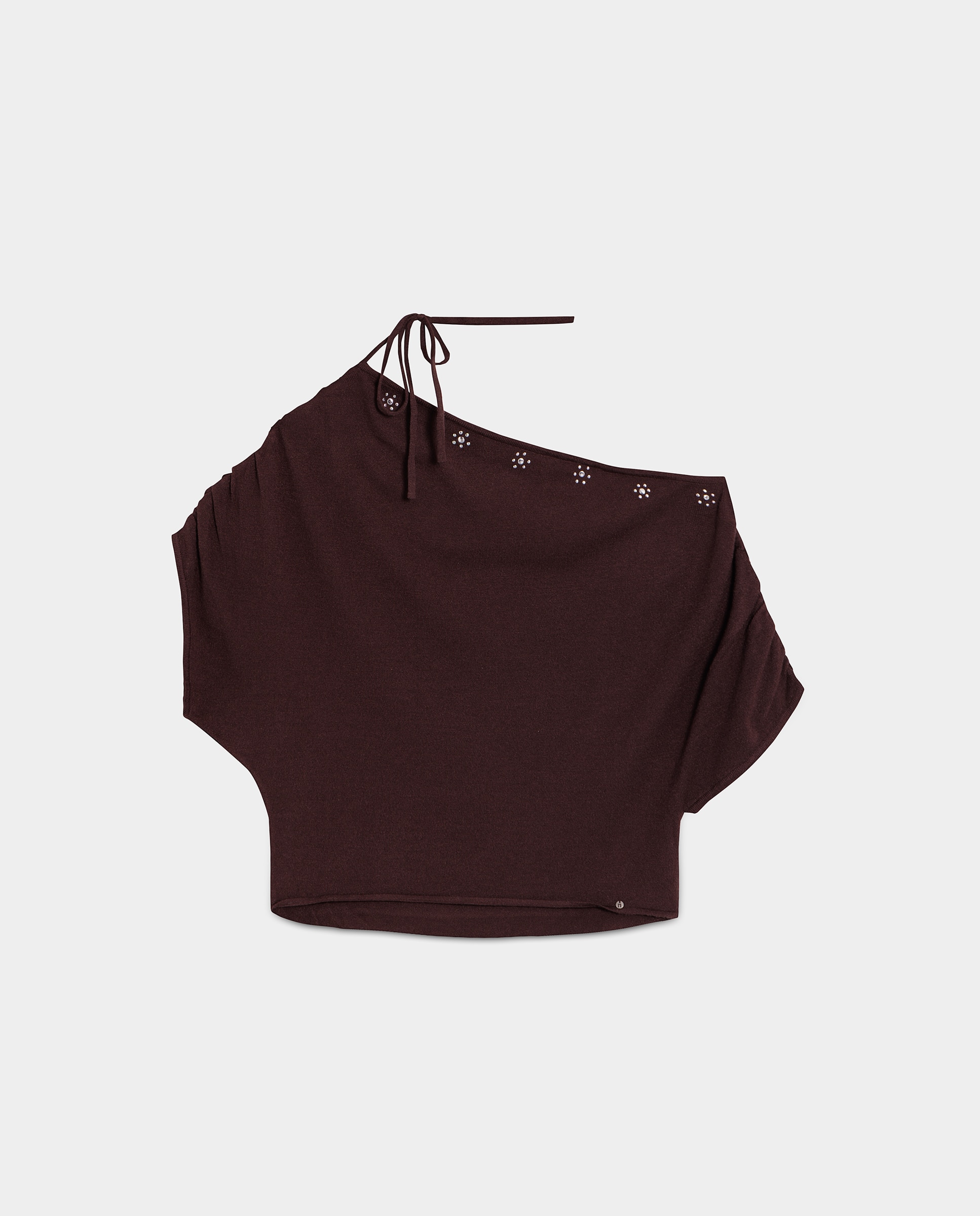 Camisola Assimétrica com Ombro Descoberto Castanho-5