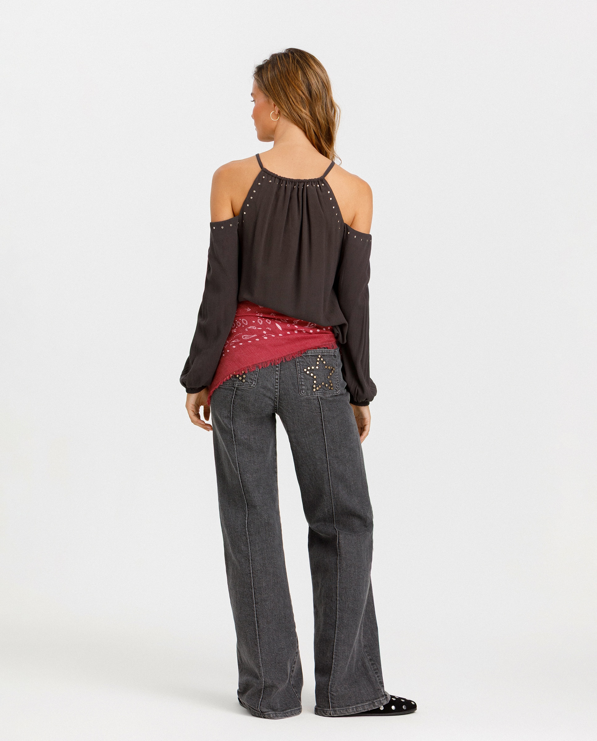 Jeans com Corte a Direito com Tachas Cinzento-2