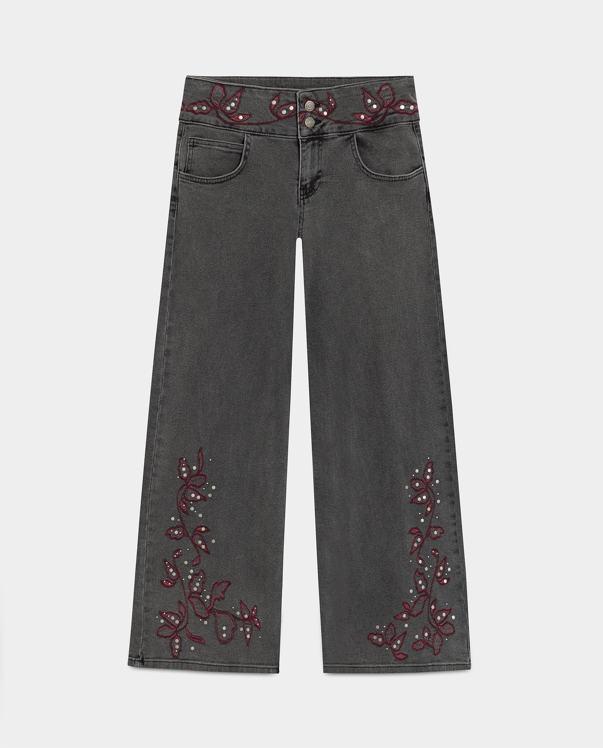 Jeans com Corte a Direito com Tachas e Bordado Cinzento-escuro-5