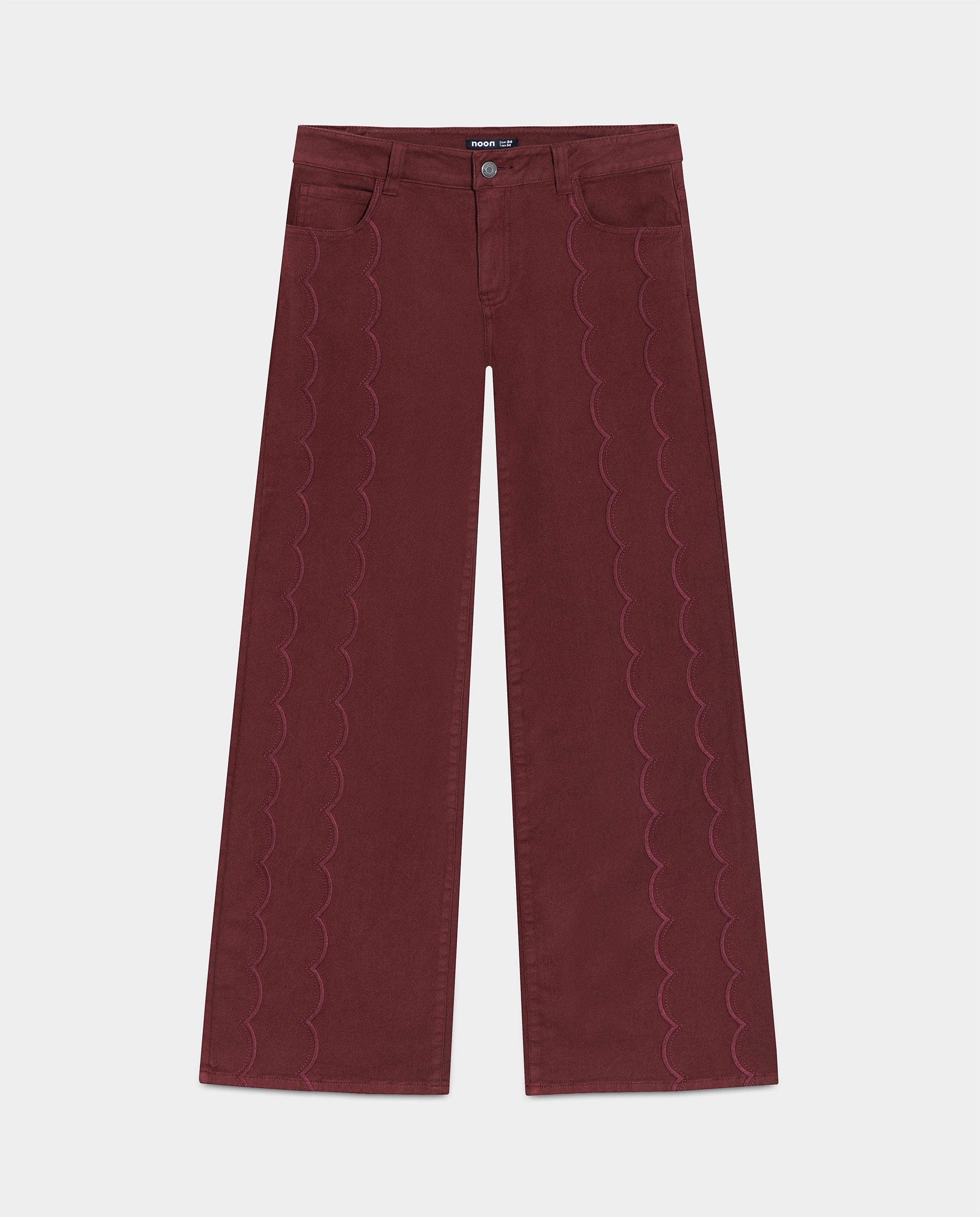 Jeans com Corte a Direito Bordado Ondas Bordeaux-5
