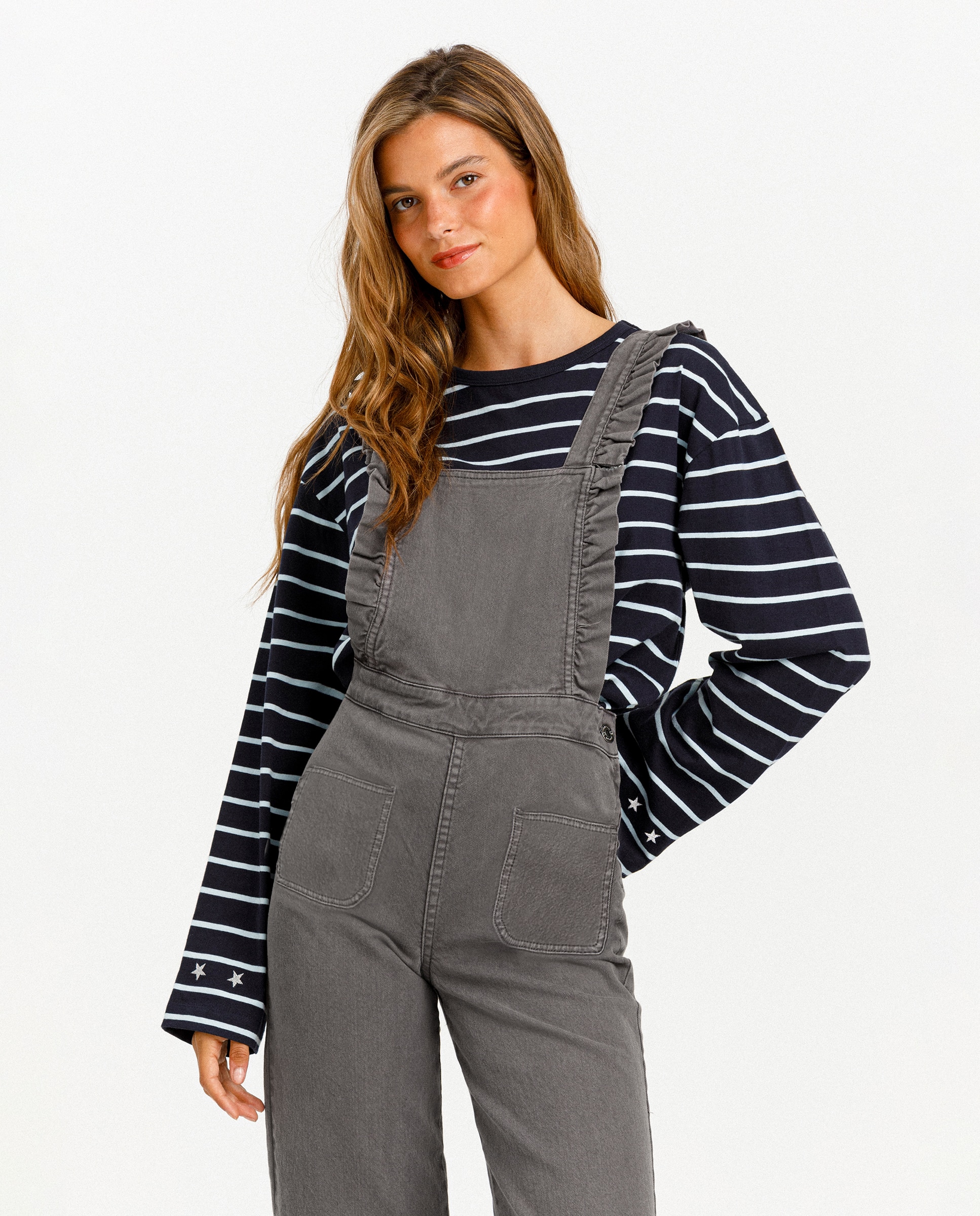 Jardineiras Denim com Folhos Cinzento-4