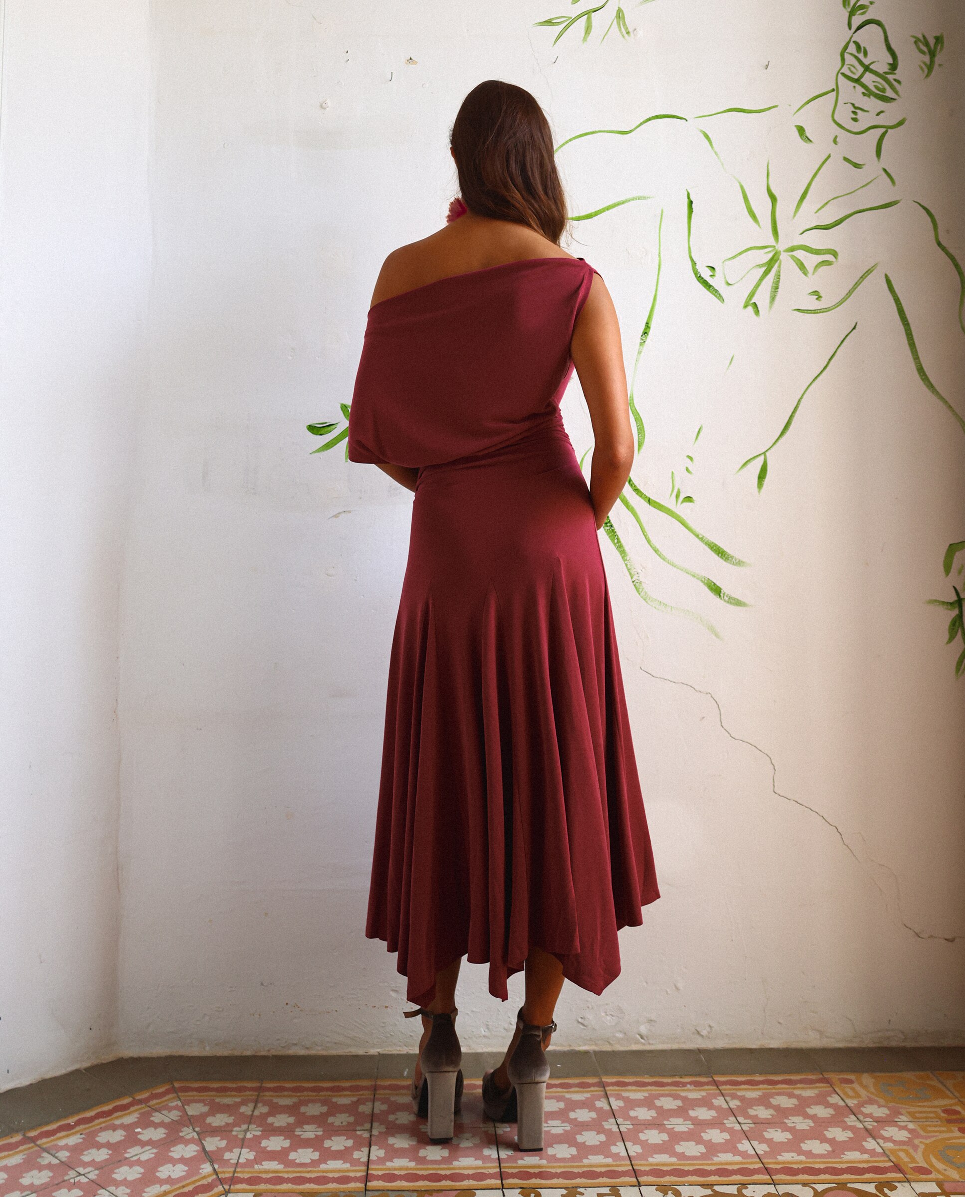Vestido Midi de Malha Assimétrico Vermelho-2