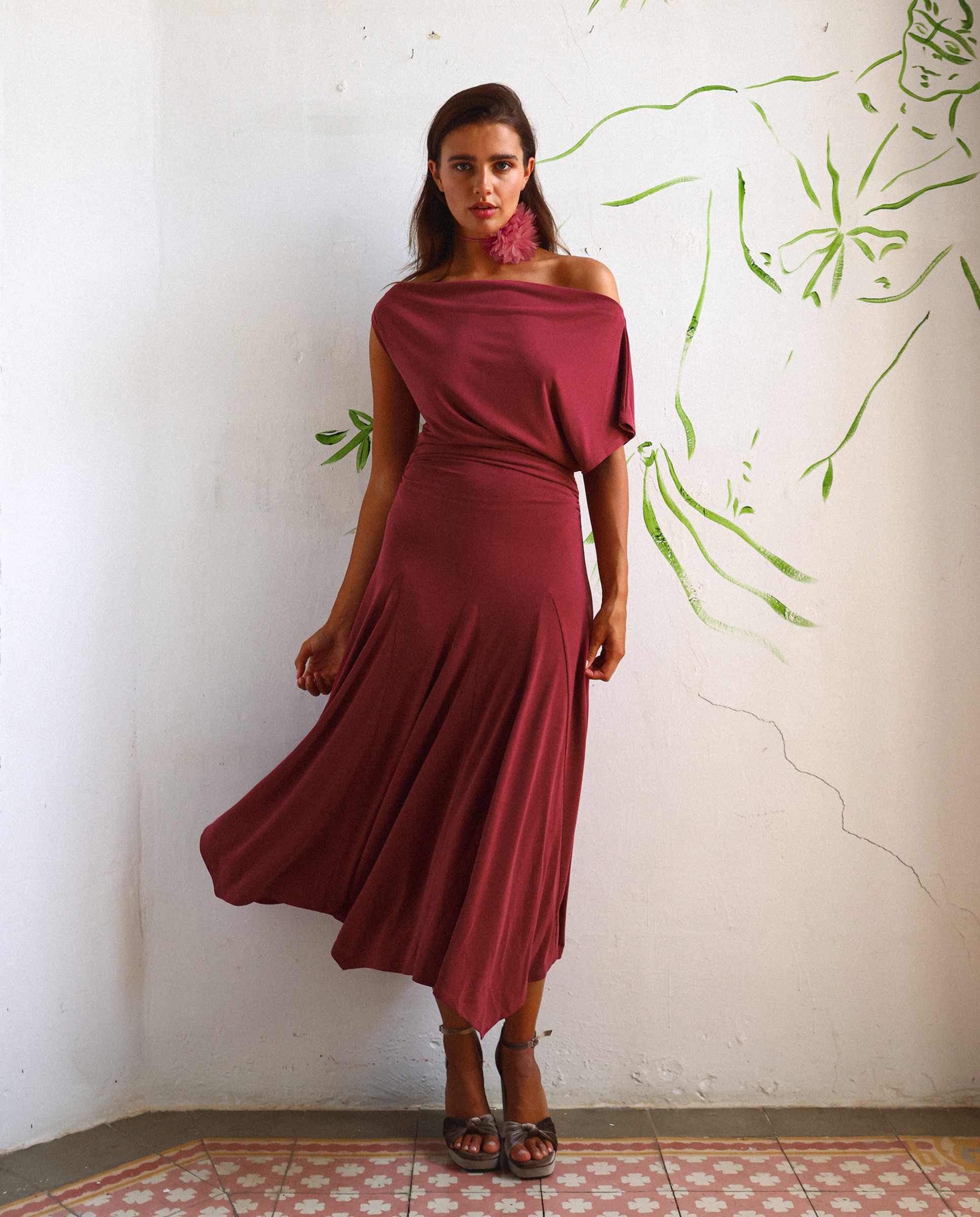 Vestido Midi de Malha Assimétrico Vermelho-3