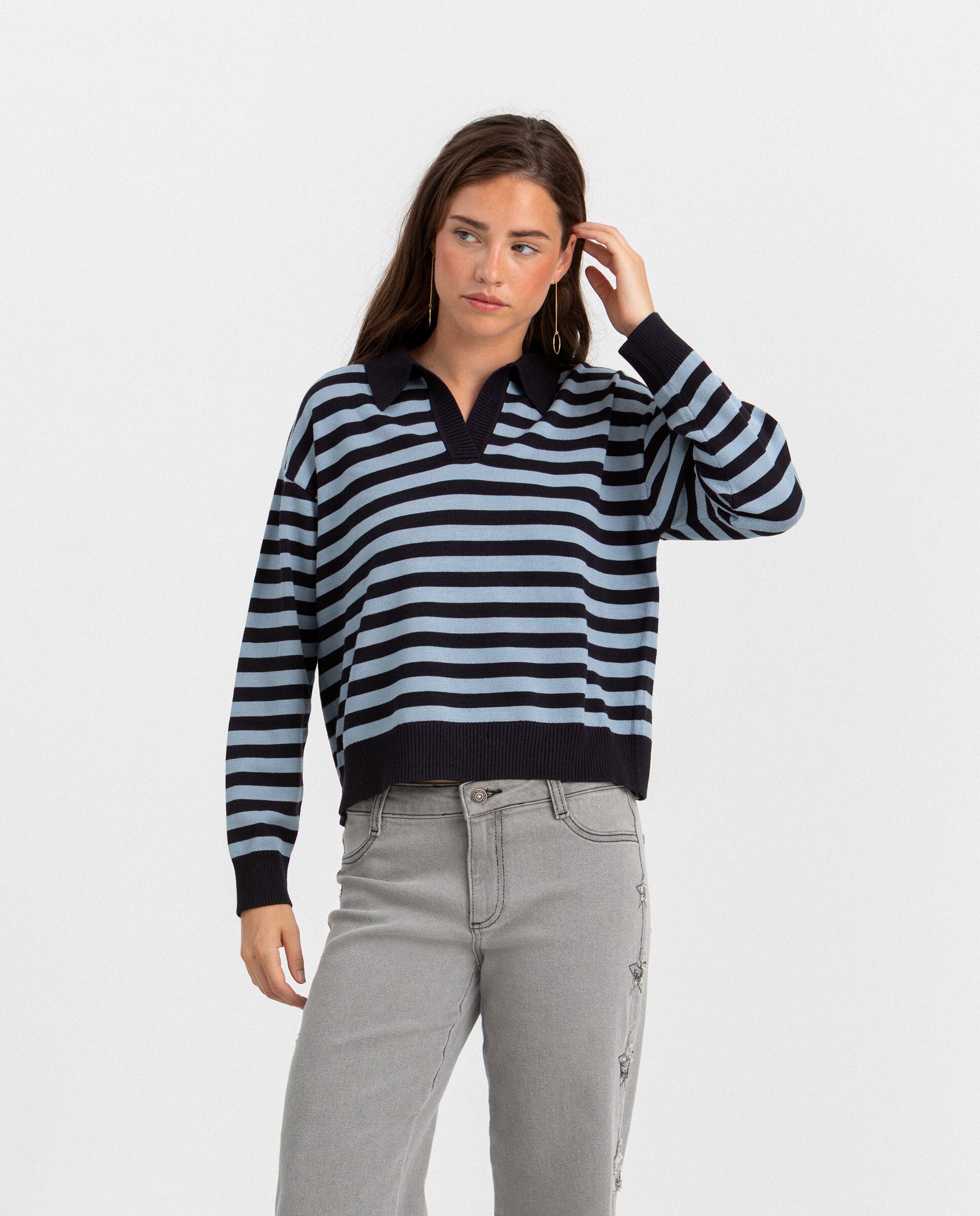 Camisola Às Riscas com Gola Polo Azul-3