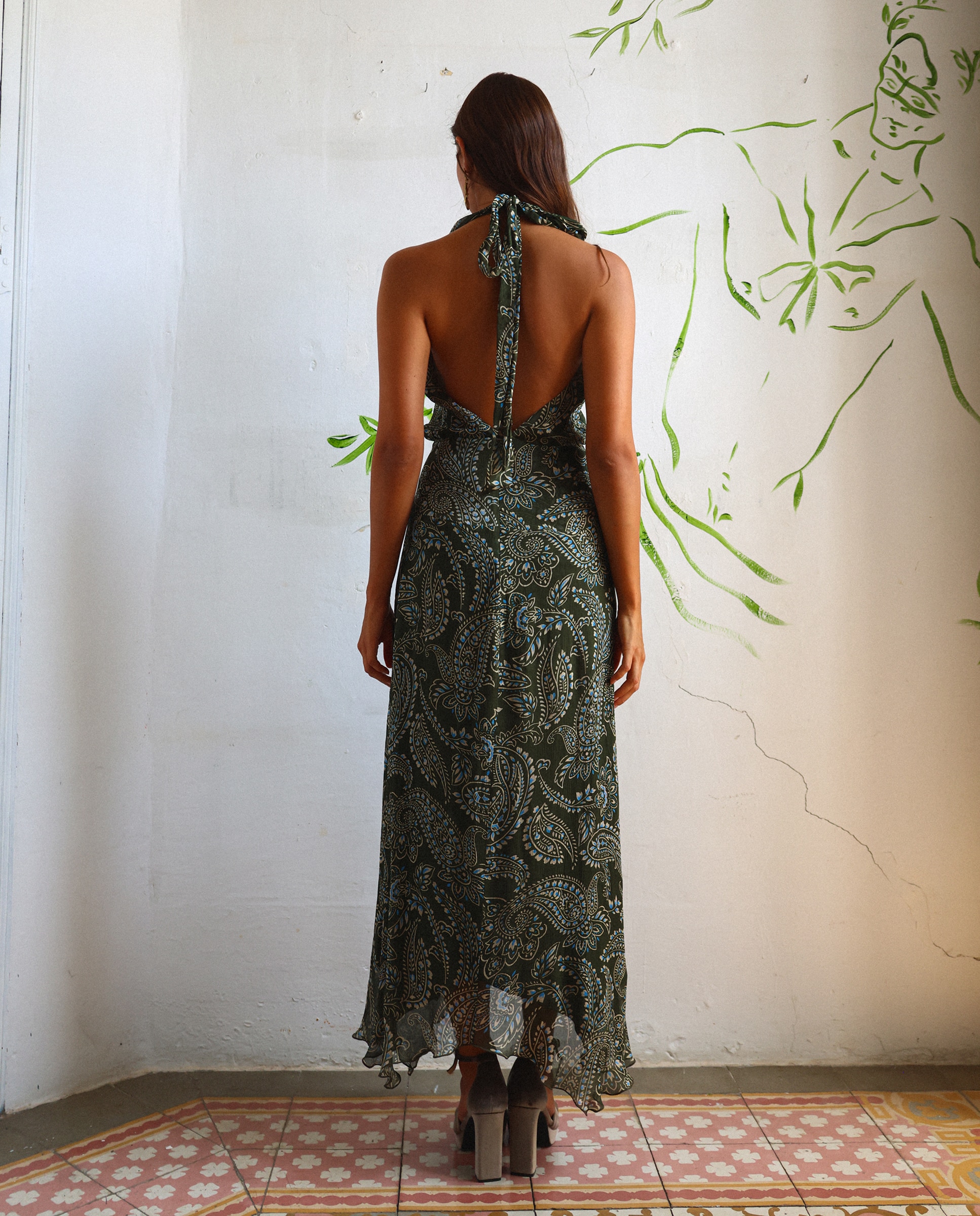 Vestido Midi Halter Estampado Verde-2