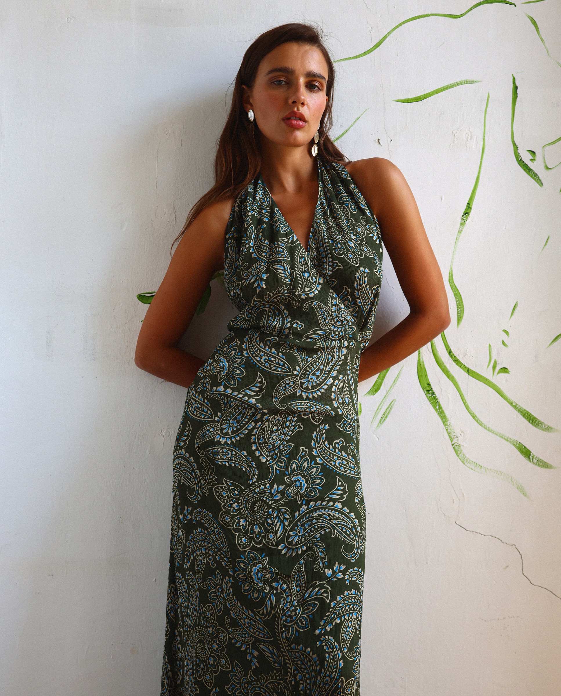 Vestido Midi Halter Estampado Verde-4