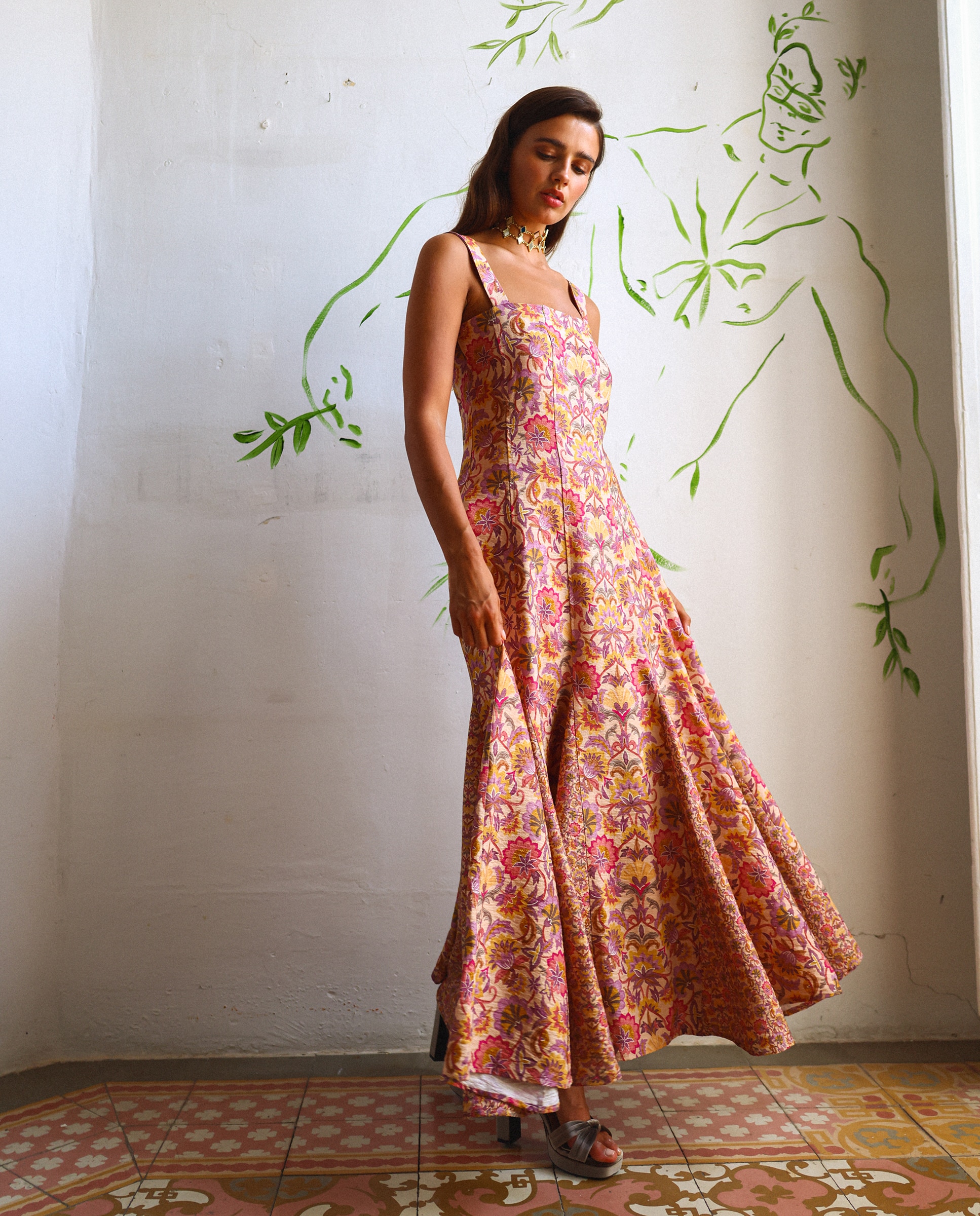 Vestido Midi Estampado com Godés Rosa-3