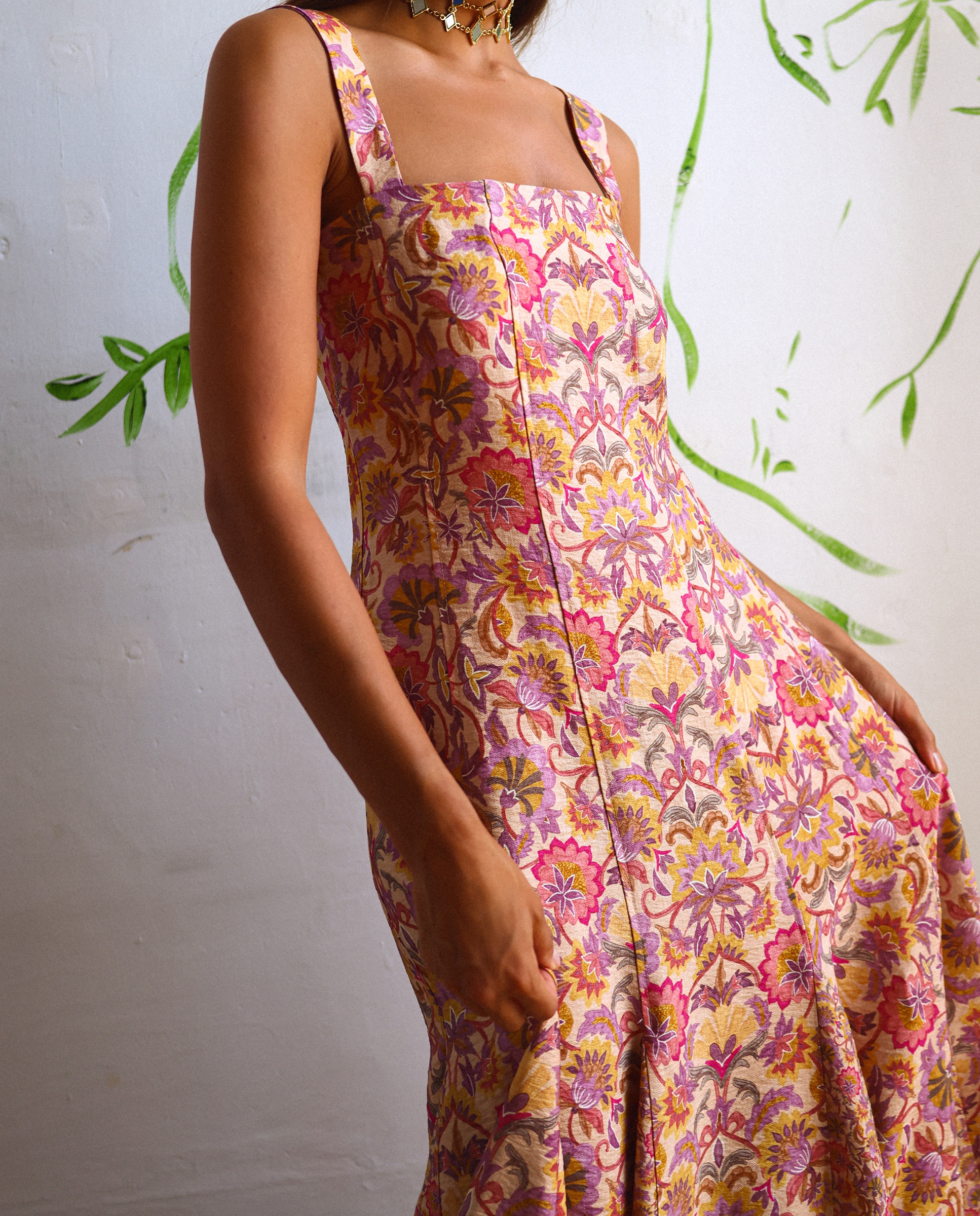 Vestido Midi Estampado com Godés Rosa-4