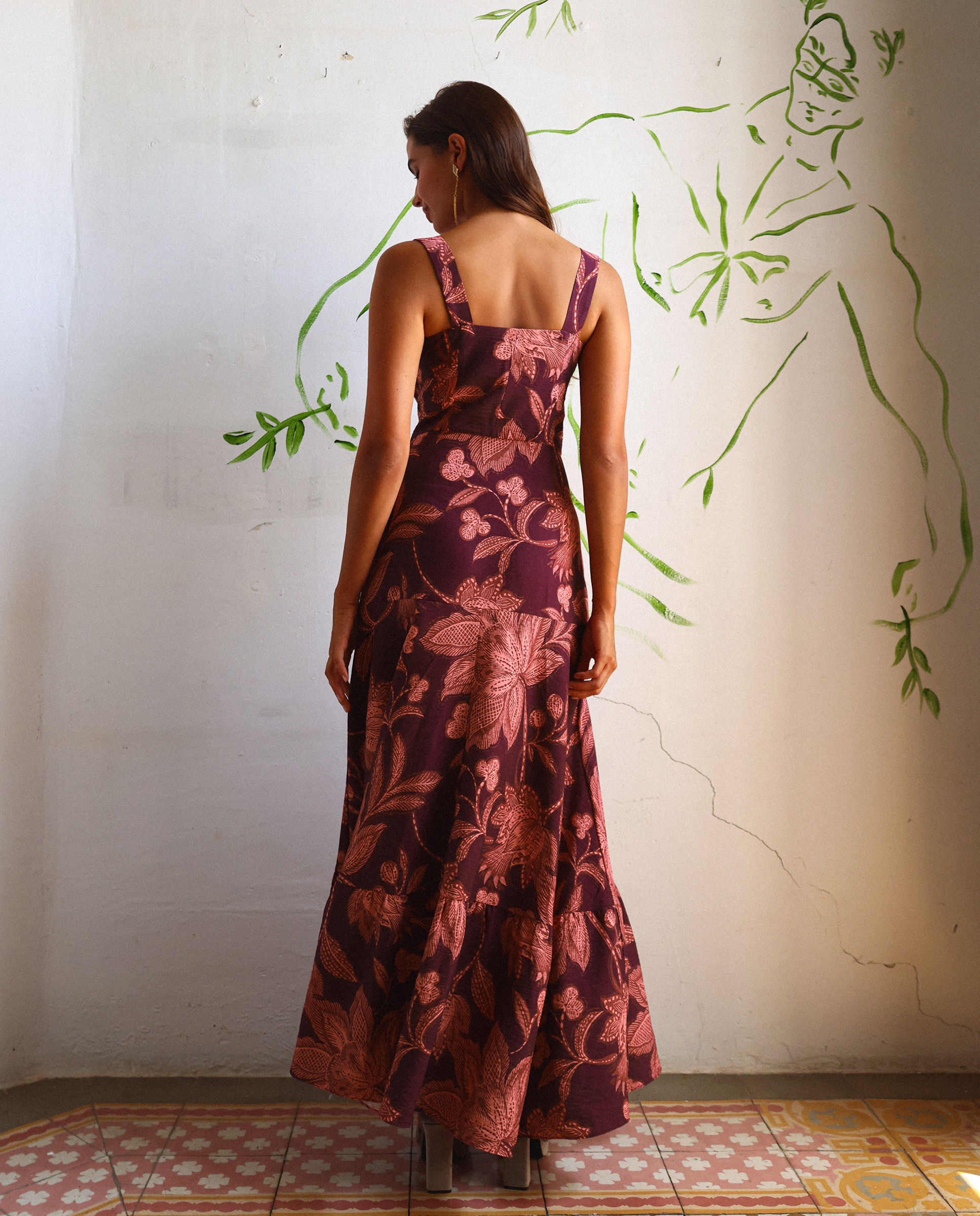 Vestido Midi sem Mangas com Folhos Bordeaux-2