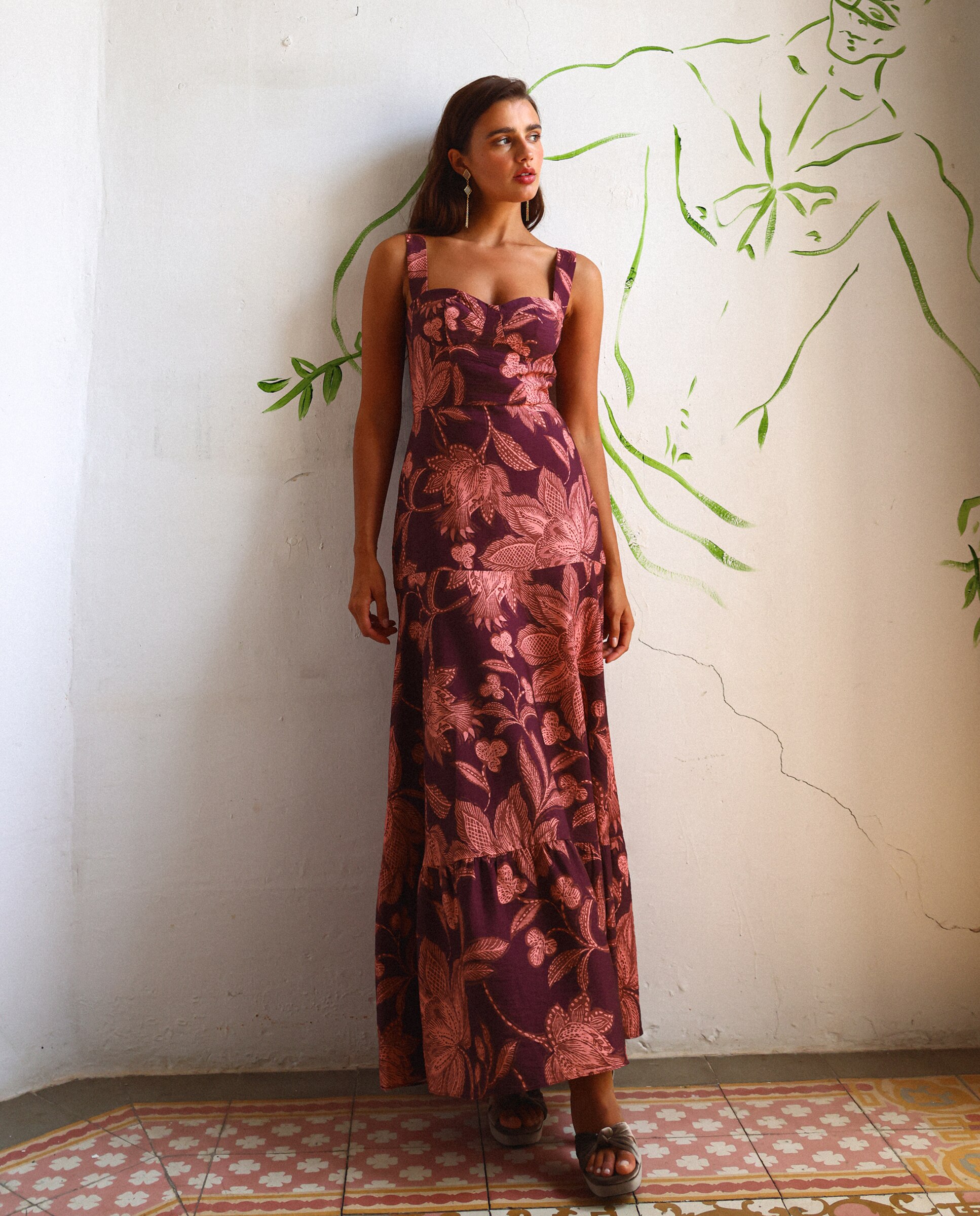 Vestido Midi sem Mangas com Folhos Bordeaux-4