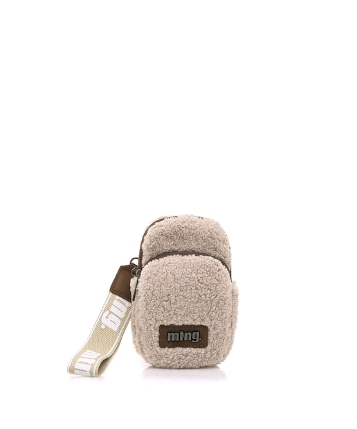 Imagem 0 de Saco de telemóvel feminino em pele de ovelha bege com detalhes castanhos